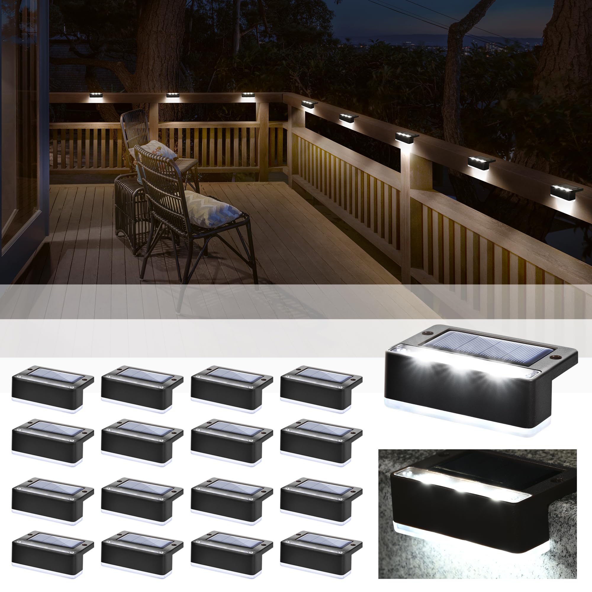 SOLPEX 16 Pack Solar Fence Lights - 6 LED Outdoor Solar Powered Waterproof Lights for Deck, Stair, Front Porch, Balcony, Walkway, Garden, Yard, Patio & Pool Decor - IP65 Waterproof Cold White - Perfect for Nighttime Safety & Landscape Lighting