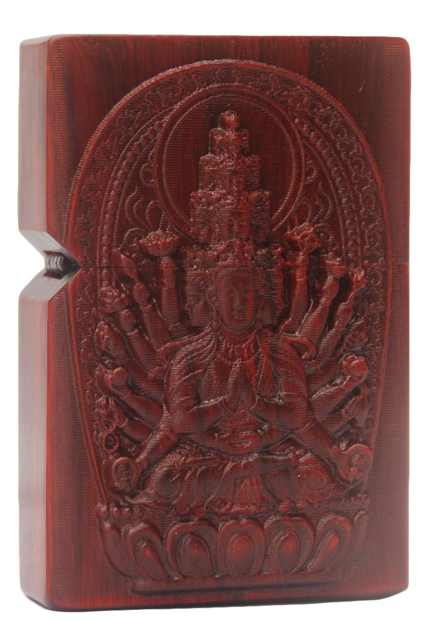 Natural Huanghuali Wood Rosewood Carving Zippo Lighter Case - 1000 Arms Avalokiteshvara Goddess Design | Handcrafted Buddhist Art Gift for Collectors & Spiritual Protection | Perfect for Meditation Spaces & Home Decor