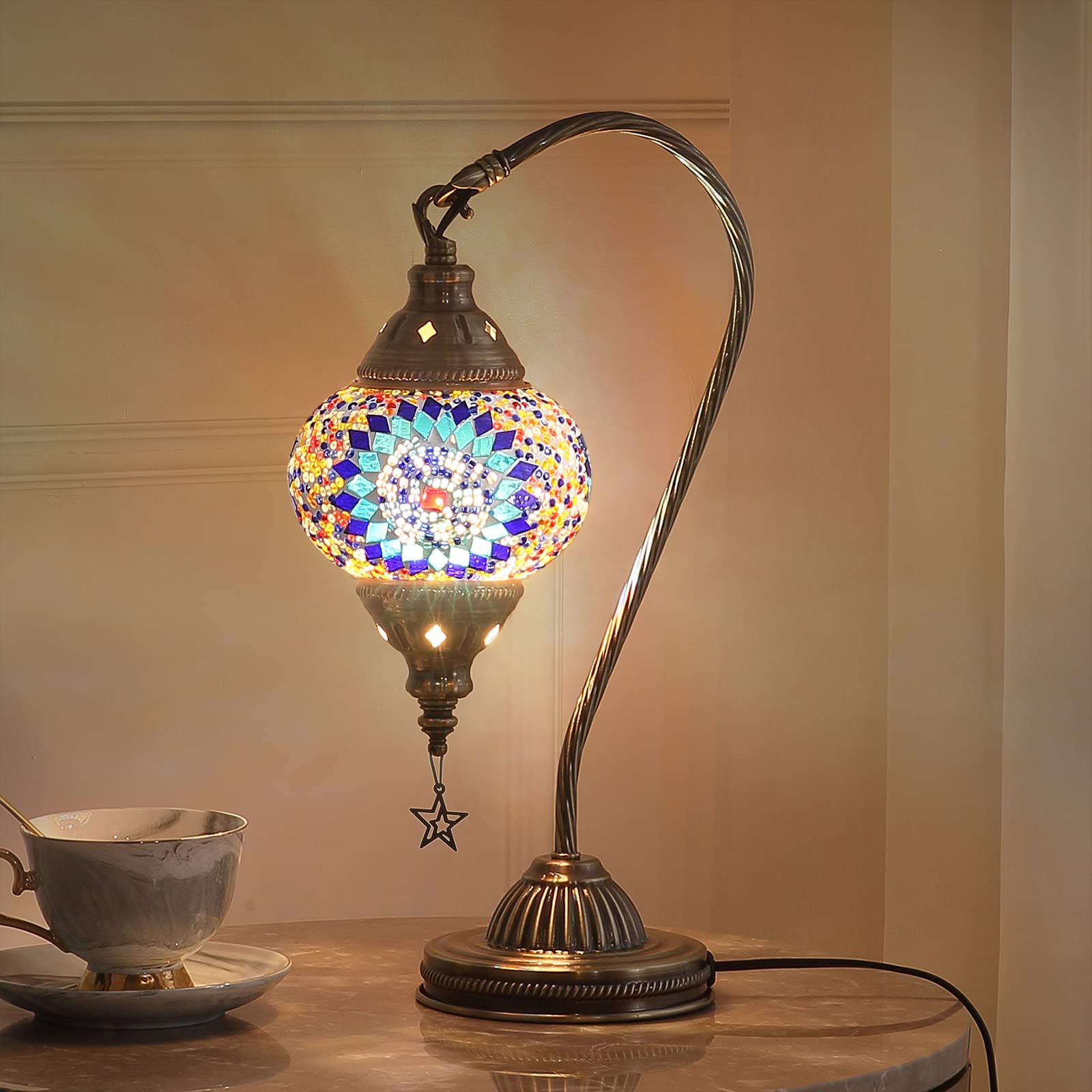 Handmade Turkish Moroccan Tiffany Mosaic Glass Table Lamp with Bronze Base - 3 Color Options Swan Neck Design for Bedroom, Living Room & Office Decor (LED Bulb Included)