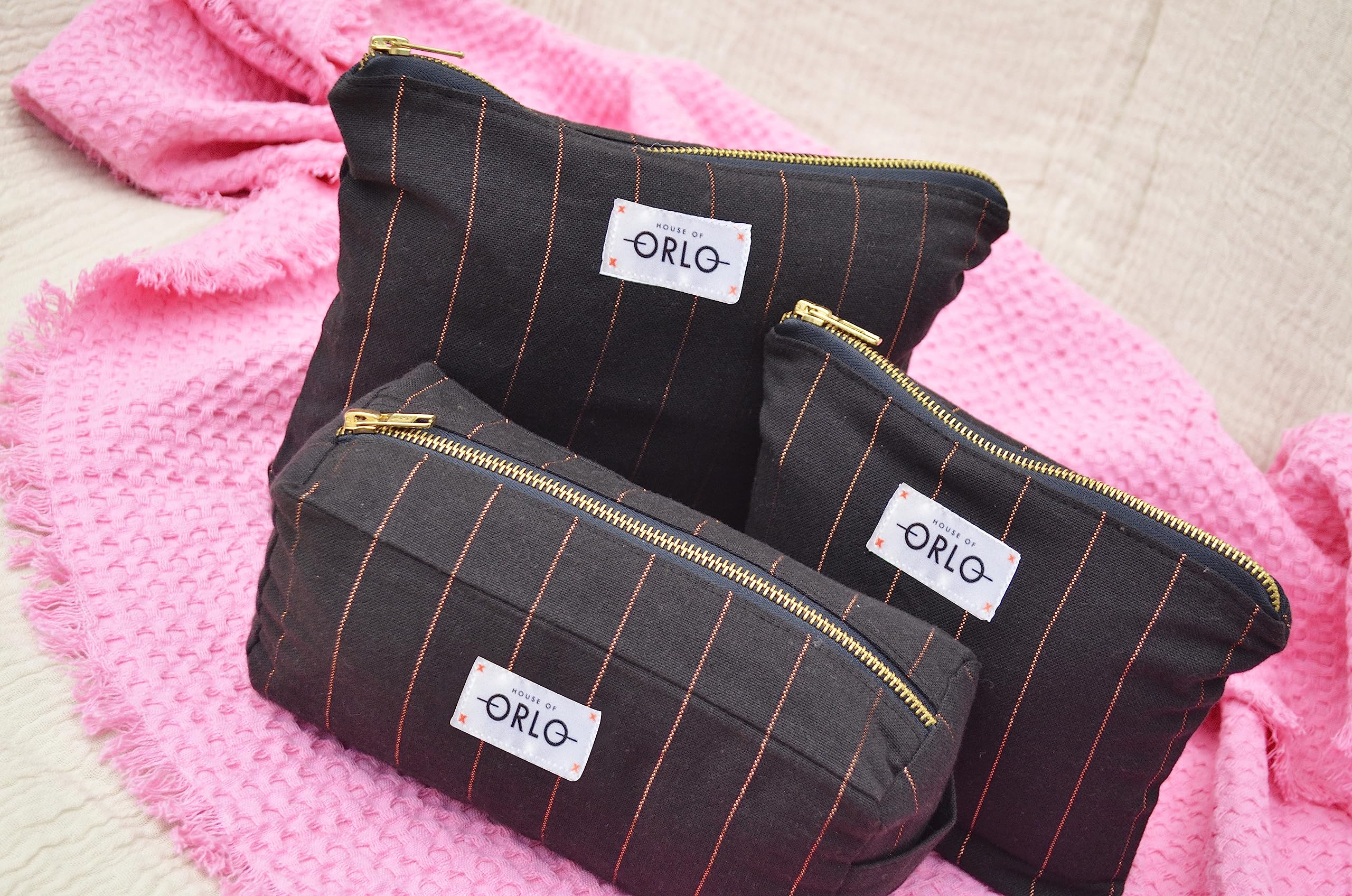 HOUSE OF ORLO 3-Pack Glitter Cotton Lurex Cosmetic Bags with Metal Zipper - Waterproof Travel Organizer Pouches for Makeup, Toiletries & Medicine | Perfect for Women & Men's Travel, Gym, Daily Use (Black)