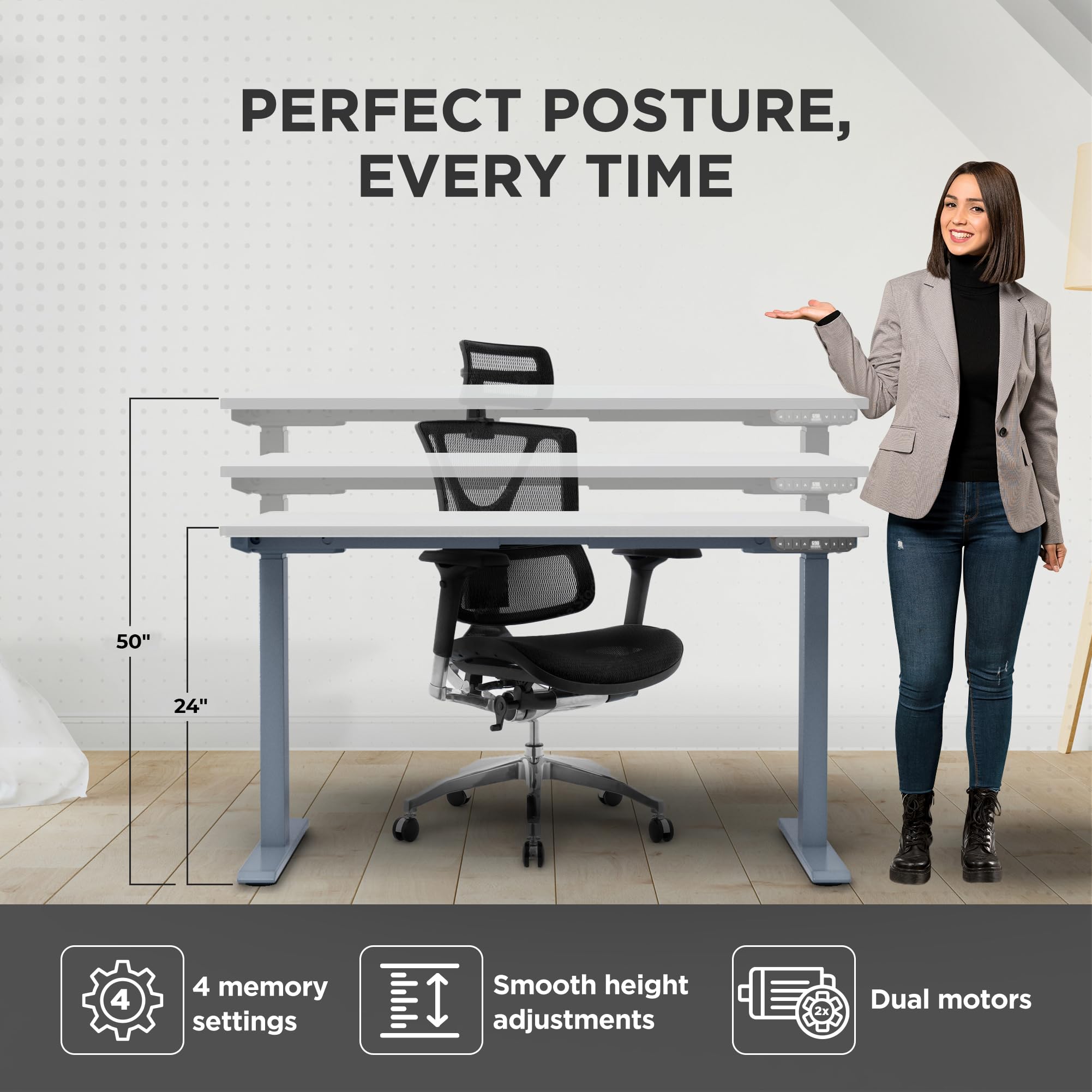 Rise UP Electric Standing Desk - 60x30 Inches Adjustable Height Wooden White Desk with Dual Motor for Home Office | Ergonomic Sit Stand Desk for Work, Gaming & Study