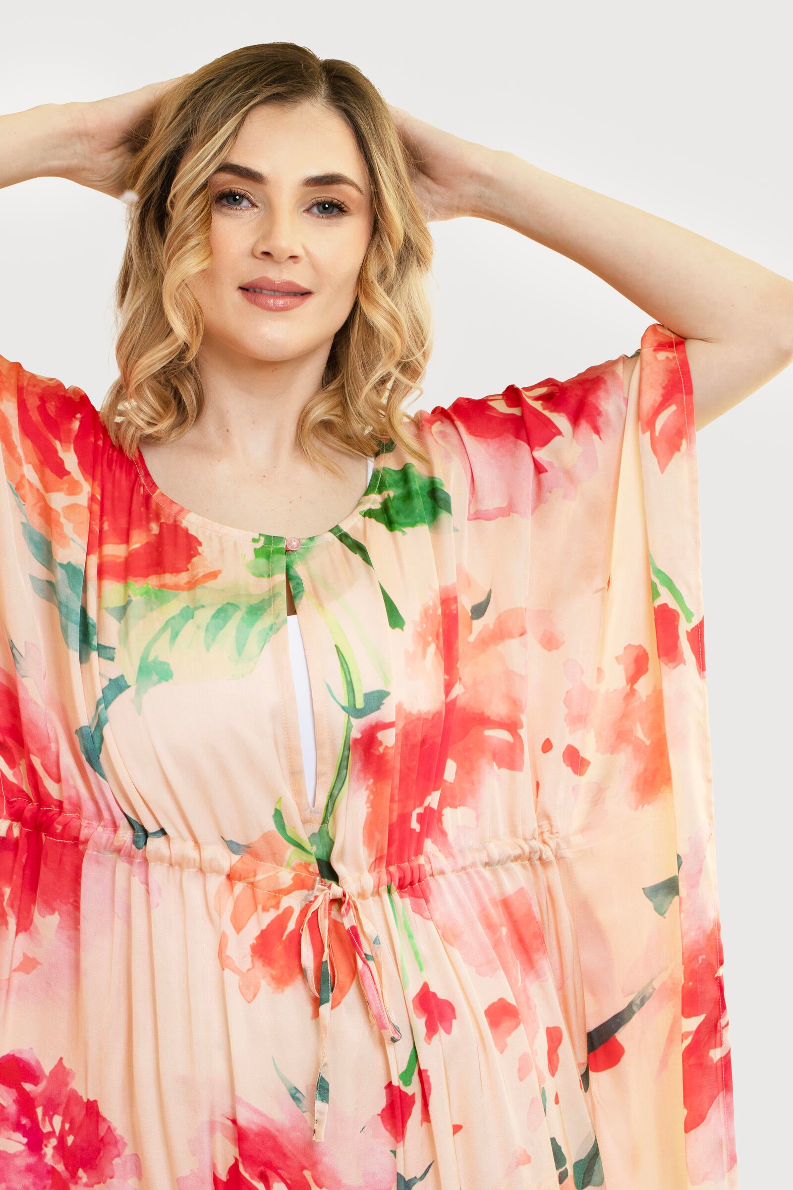 Elegant Floral Print Tie Waist Keyhole Kaftan Dress - Perfect for Beach Cover Up, Summer Vacation & Boho Chic Outfits