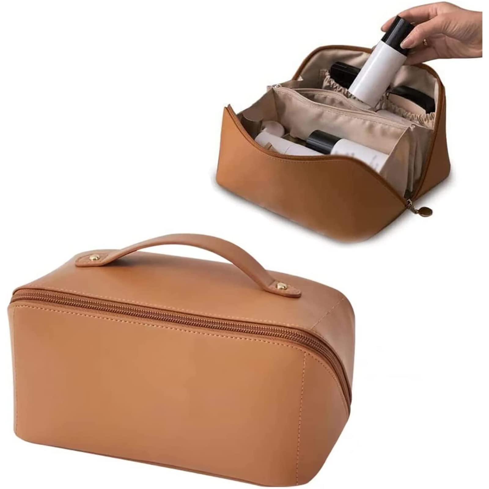 Premium Large Capacity Leather Makeup Bag - Waterproof Travel Cosmetic Organizer with Dividers for Women & Girls | Perfect for Air Travel, Gym Essentials & Daily Toiletry Storage