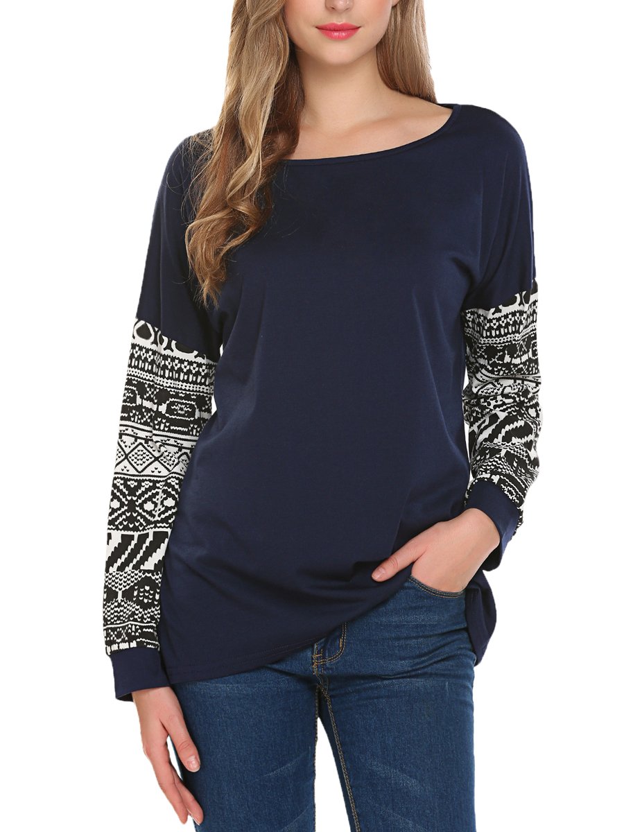 Women's Casual Long Sleeve Tunic Top - Geometric Print Loose Fit Blouse - Basic Shirt for Work, Travel & Everyday Wear