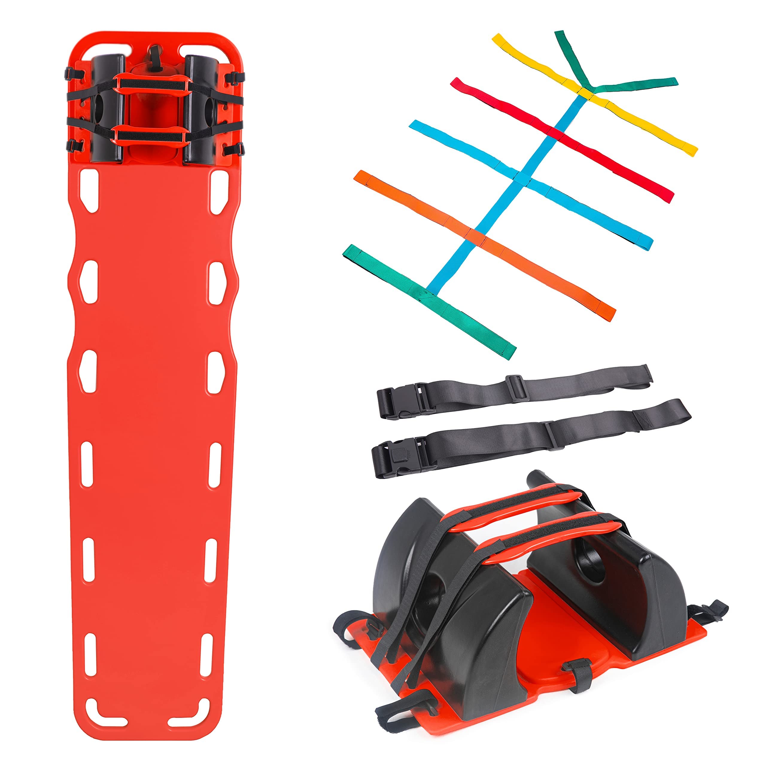 ARS Spine Board Stretcher - EMT Medical Backboard with Head Immobilizer & Spider Straps for Emergency Patient Transfer | First Responder Equipment for Ambulance, Rescue & Hospital Use (Red)