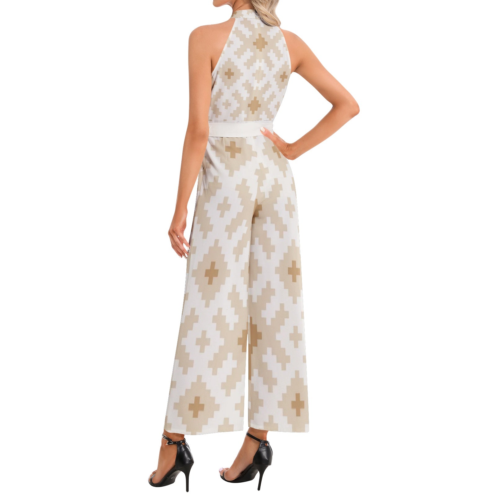 Women's Halter Neck Buckle Belted Jumpsuit - Sierra Cloud Print Fashion Romper for Summer, Beach & Vacation Outfits