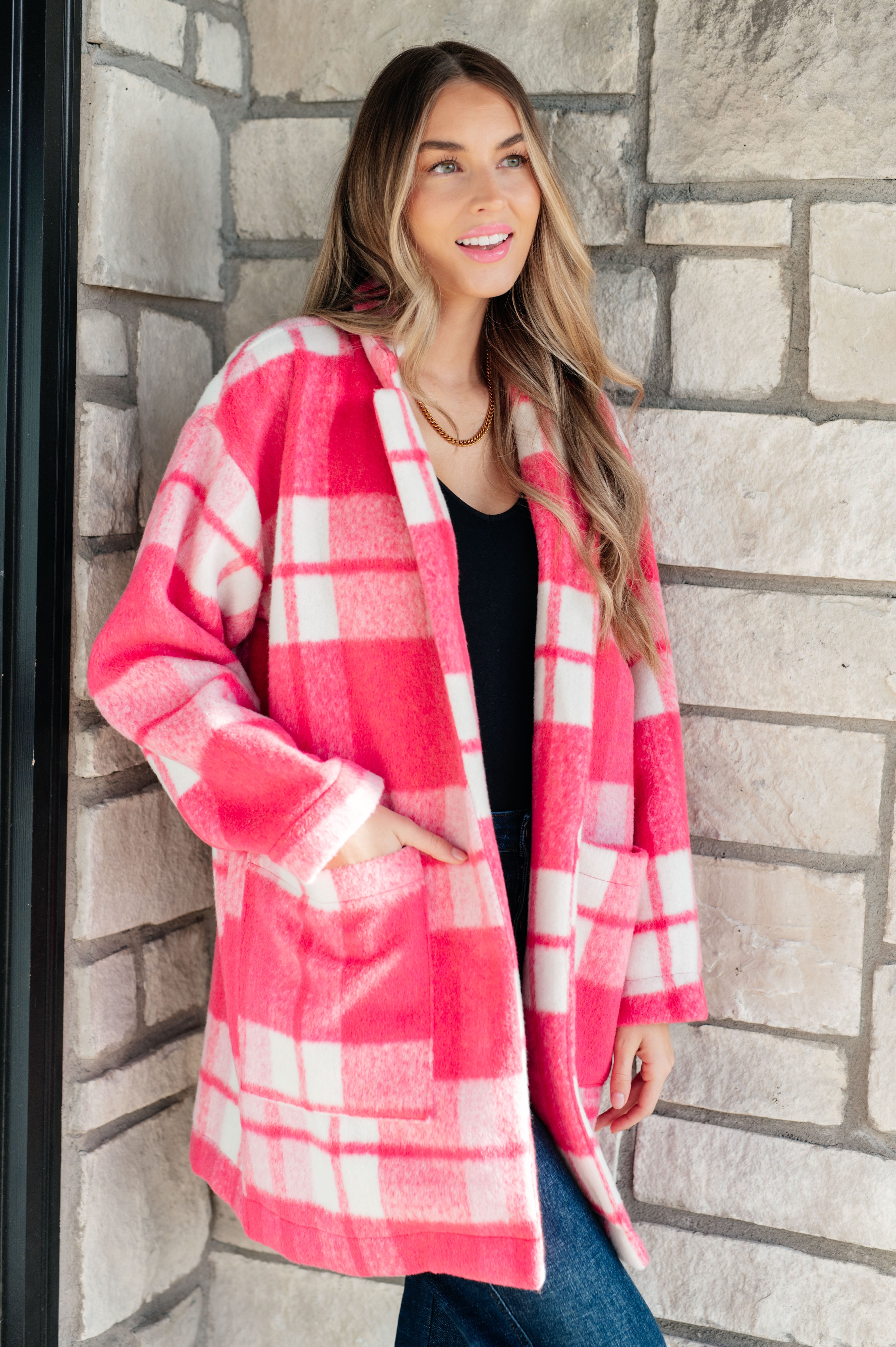Stylish Pink Plaid Coat for Women - Trendy Fall & Winter Outerwear for Casual Outings & Office Wear