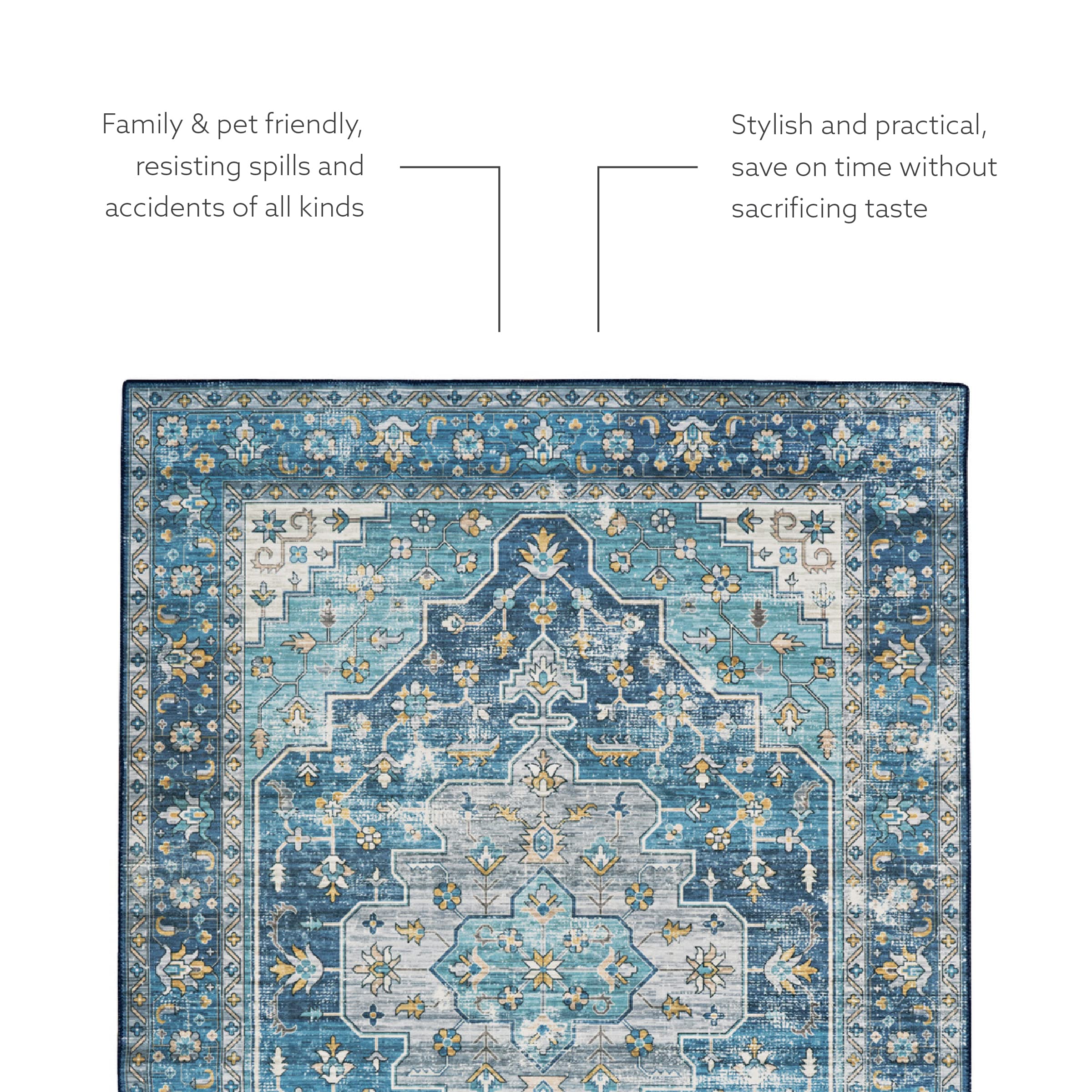 Linon Home Decor Washable Area Rug 5' x 7' - Firenze Teal & Ivory Indoor/Outdoor Rug - Perfect for Living Room, Bedroom, Patio & High Traffic Areas