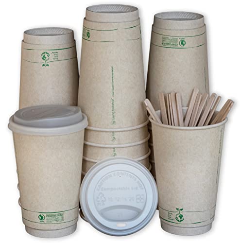 16oz Compostable Coffee Cups with Lids - 75 Pack Eco-Friendly cPLA Lids, Stirrers & Sleeves | Biodegradable Hot/Cold Drink Cups for Office, Cafes & Takeout