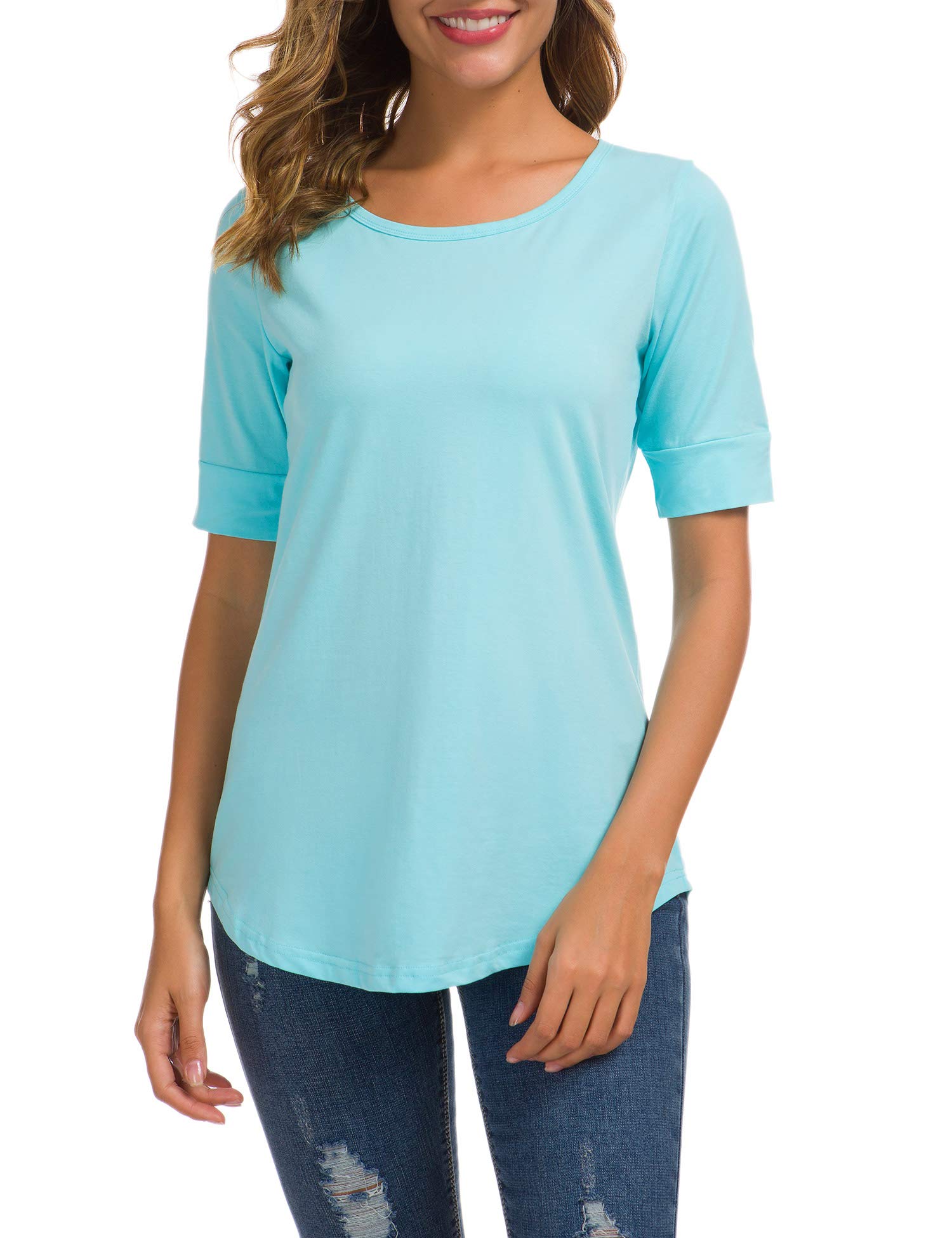 Women's Soft Cotton Knit Elbow Sleeve Tunic Tops - Light Blue Casual Blouse Tee for Work, Office & Everyday Wear