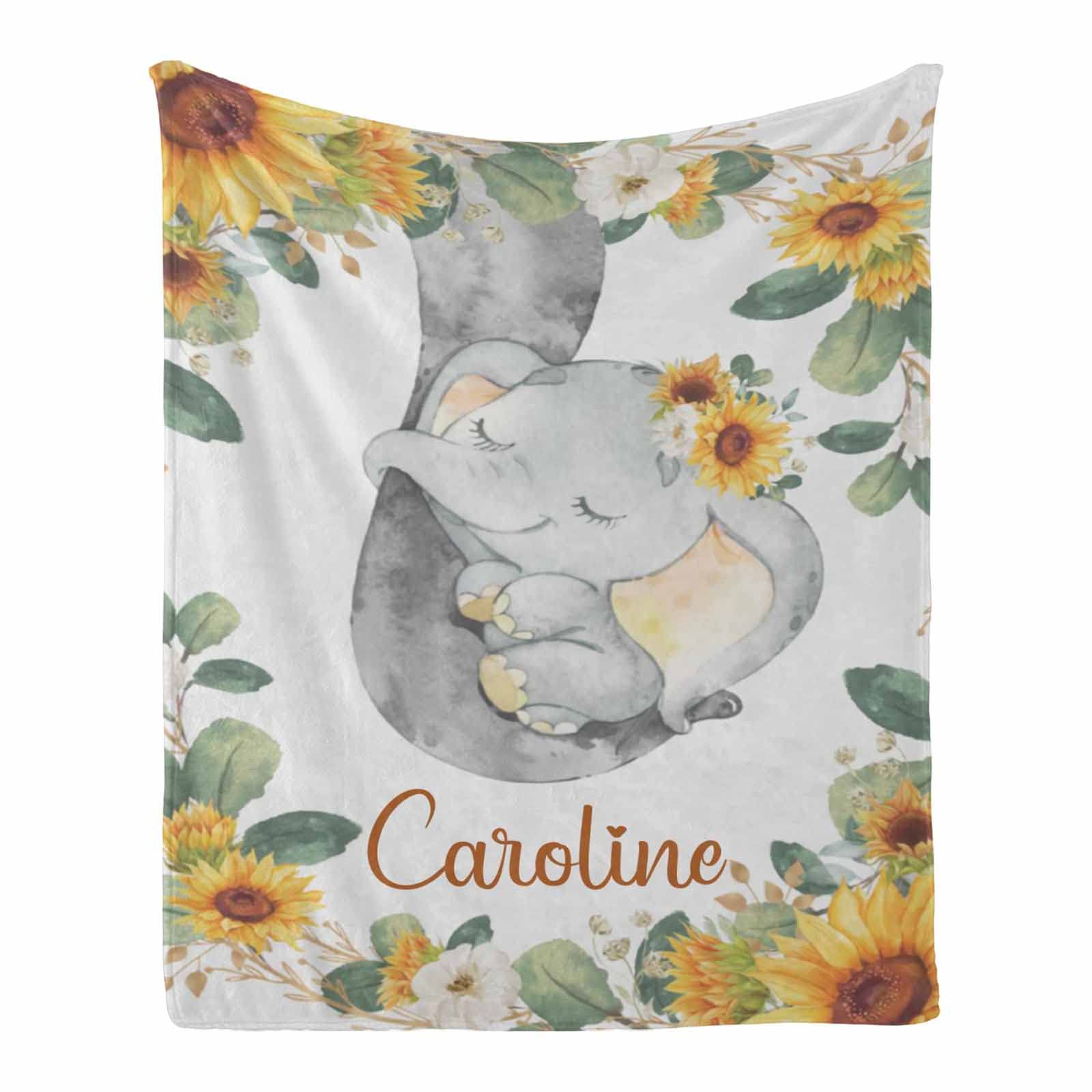 Personalized Baby Blanket with Name - Custom Monogram Floral Sunflower Elephant Design for Baby Girls | Soft Nursery Blanket for Newborn Gifts, Crib Decor & Photo Props