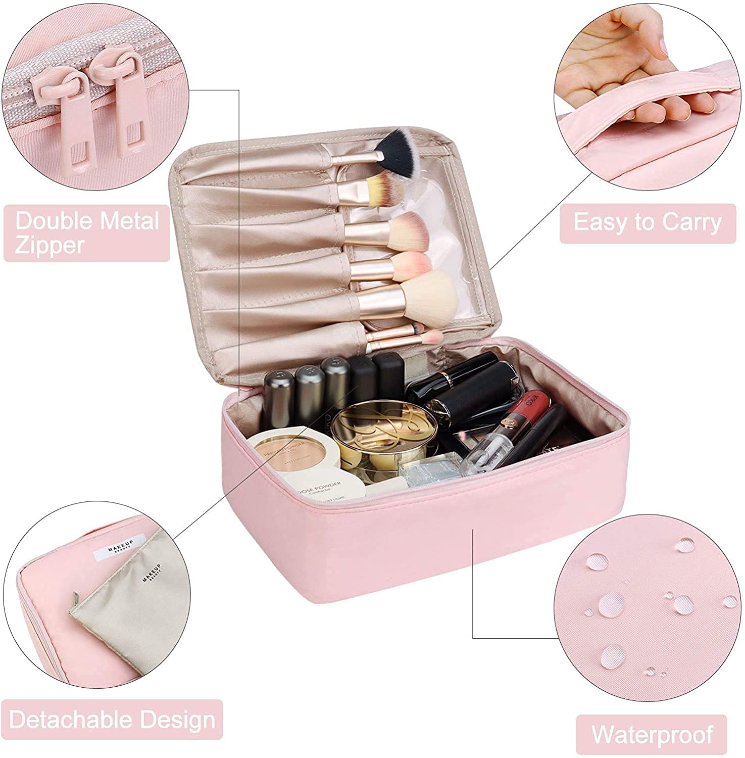 CLUSPEX Pink Cosmetic Organizer Bag with Pouch - Travel Makeup Bag for Women, Large Makeup Organizer for Brushes, Toiletries & Cosmetics (24x17x7cm) - Perfect for Home, Travel & Daily Use