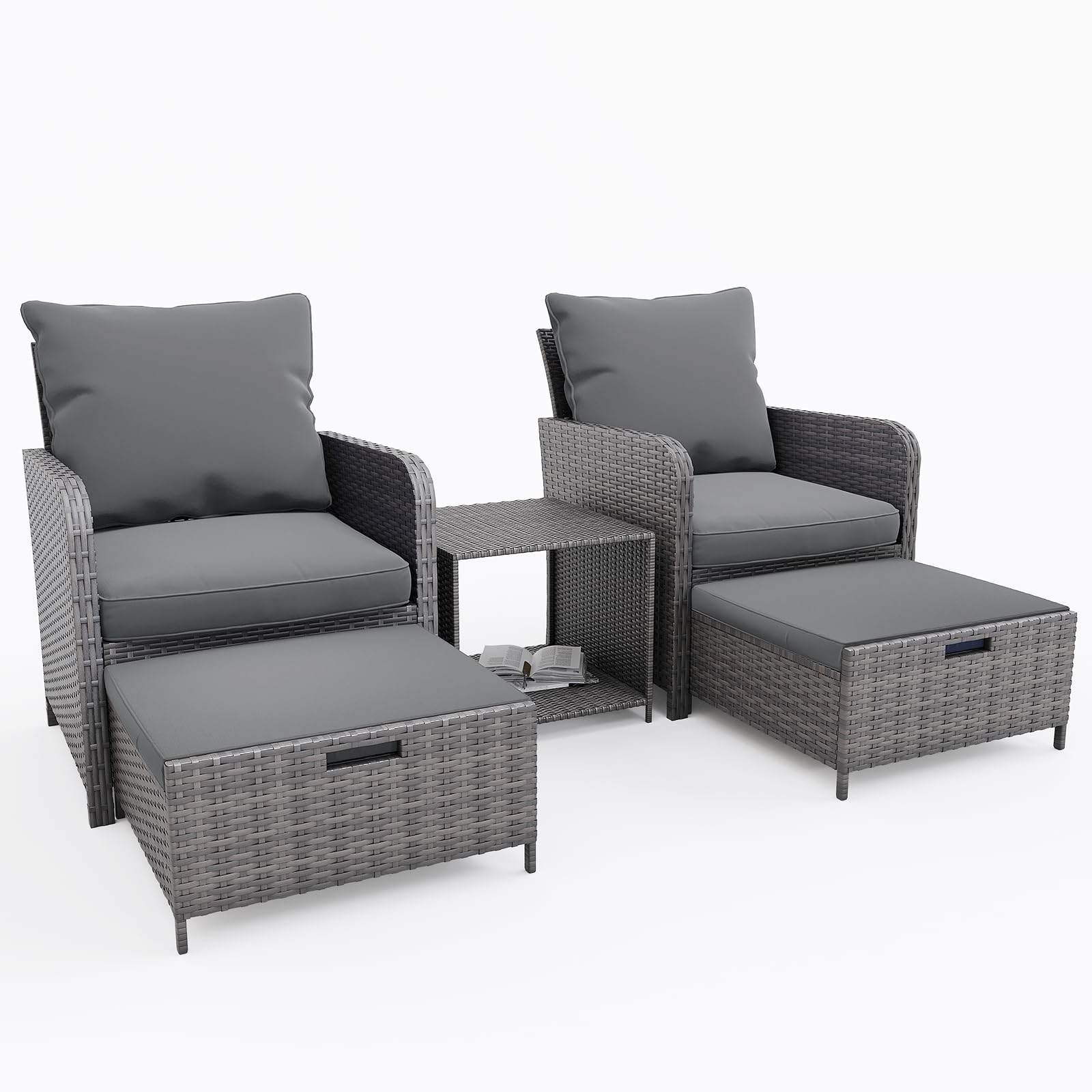 UDPATIO Patio Chairs with Hidden Ottoman - Space-Saving Wicker Outdoor Furniture Set with Side Table for Balcony, Deck, Porch - Perfect for Small Spaces, Relaxing & Entertaining Outdoors