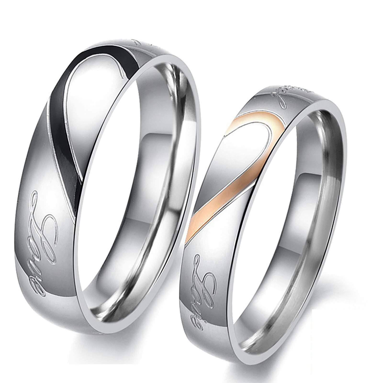 KnSam Stainless Steel Couple Rings - Half Heart Shape & Word Engraved Black & Rose Gold Promise Rings for Anniversary, Engagement & Valentine's Day Gifts