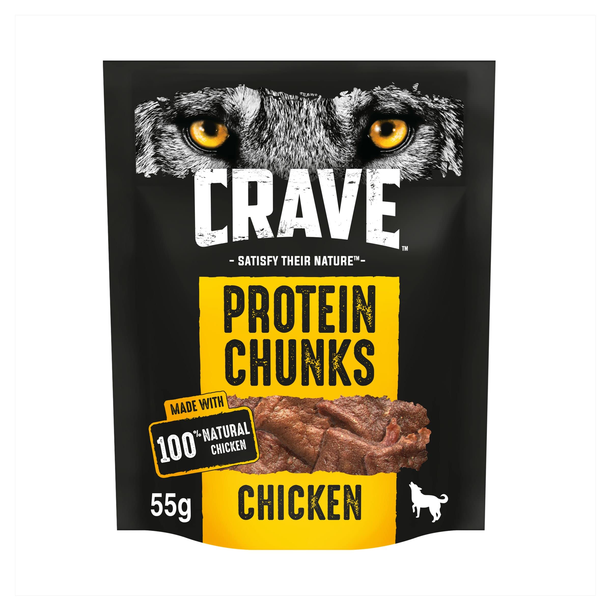 High Protein Crave Protein Chunks Dog Treats - Grain-Free Chicken Flavor, 6 x 55g Pack - Perfect for Training, Rewards & On-the-Go Snacks