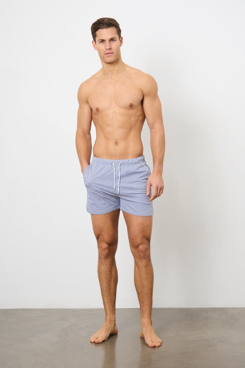 Premium Navy & White Striped Swim Shorts for Men - Quick Dry, Comfortable Beachwear for Swimming, Surfing & Summer Vacations