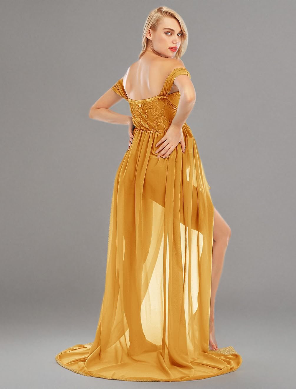 Elegant Maternity Photoshoot Dress - Off Shoulder Chiffon Maxi Gown with Front Slit for Pregnancy Photography, Baby Shower & Maternity Portraits
