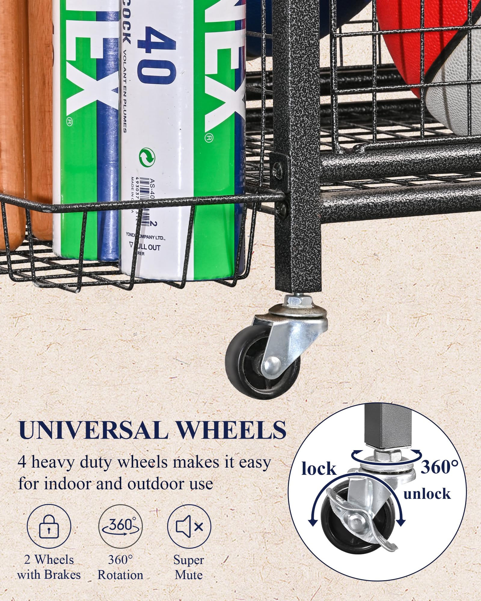 Mythinglogic Sports Equipment Garage Organizer - Rolling Ball Cart with Wheels for Basketball, Soccer, Football Storage | Indoor & Outdoor Sports Gear & Toy Organizer | Perfect for Garage, Basement, Backyard, and Playroom Organization