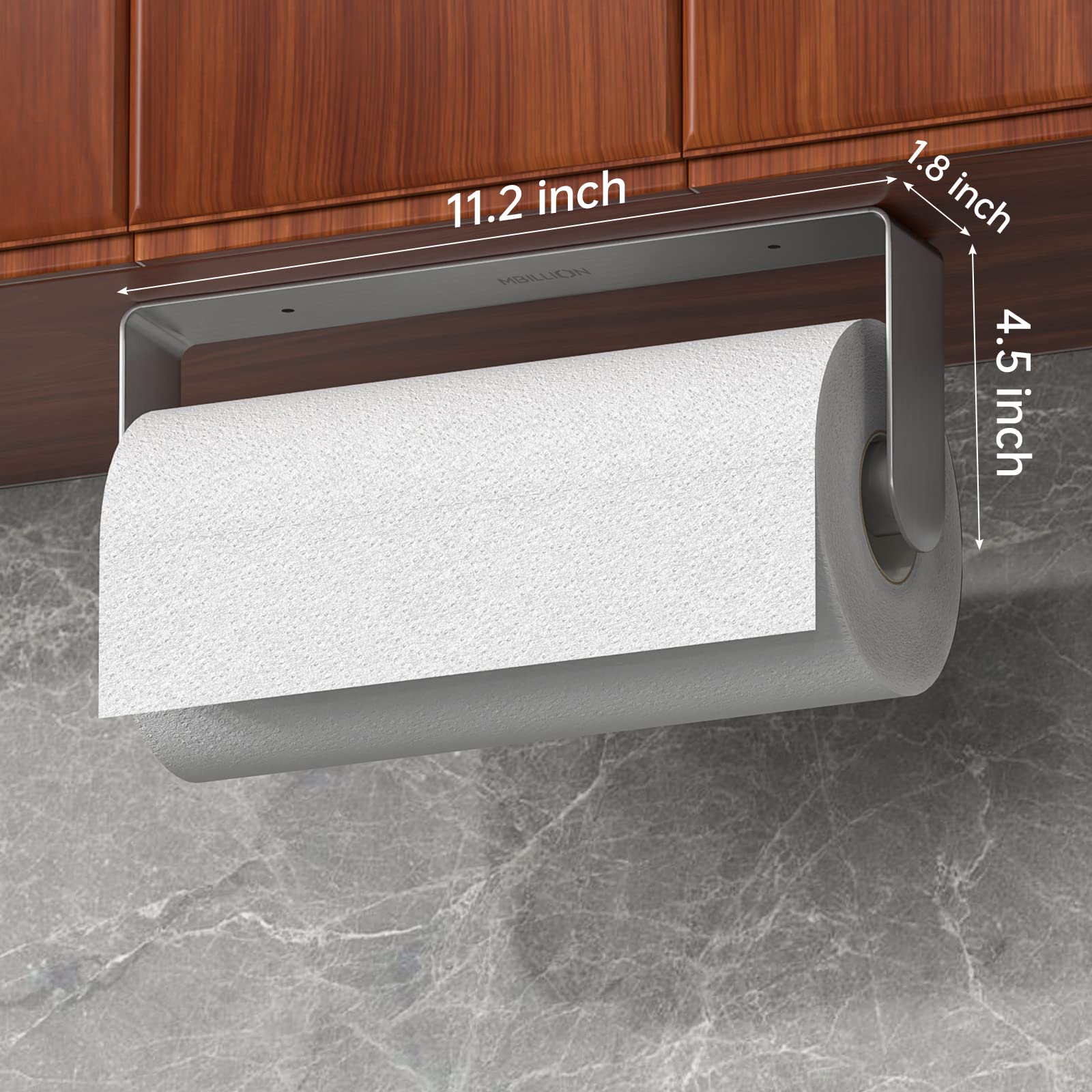 Premium SUS304 Stainless Steel Paper Towel Holder - Under Cabinet & Wall Mount Kitchen Towel Rack with Strong Self-Adhesive - Brushed Silver Finish | Perfect for Kitchen, Bathroom, RV & Office Organization