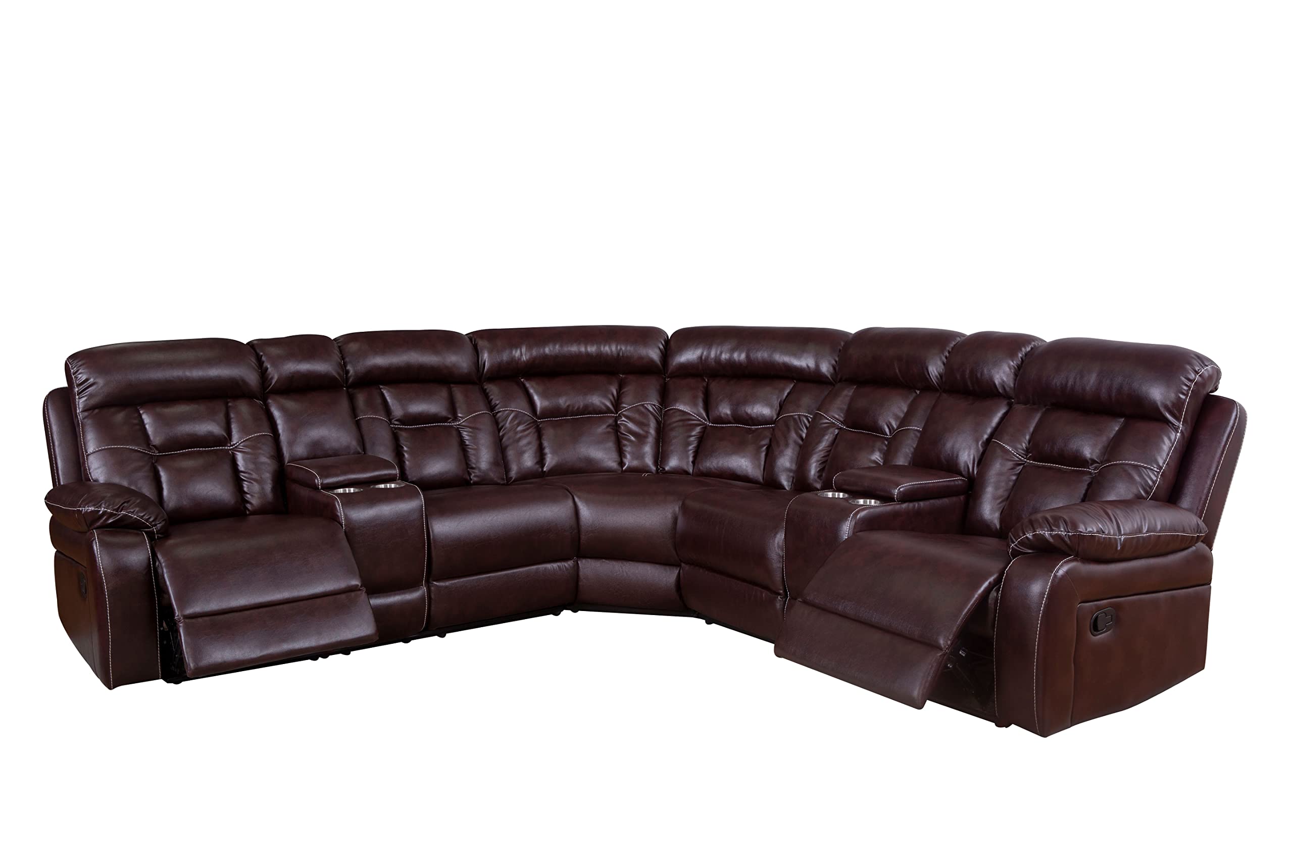 UBGO Manual Reclining Sectional Sofa - Extra Wide PU Leather Upholstered Living Room Couch with 2 Consoles, 4 Cup Holders & Storage - Brown - Perfect for Family Movie Nights and Game Day Gatherings