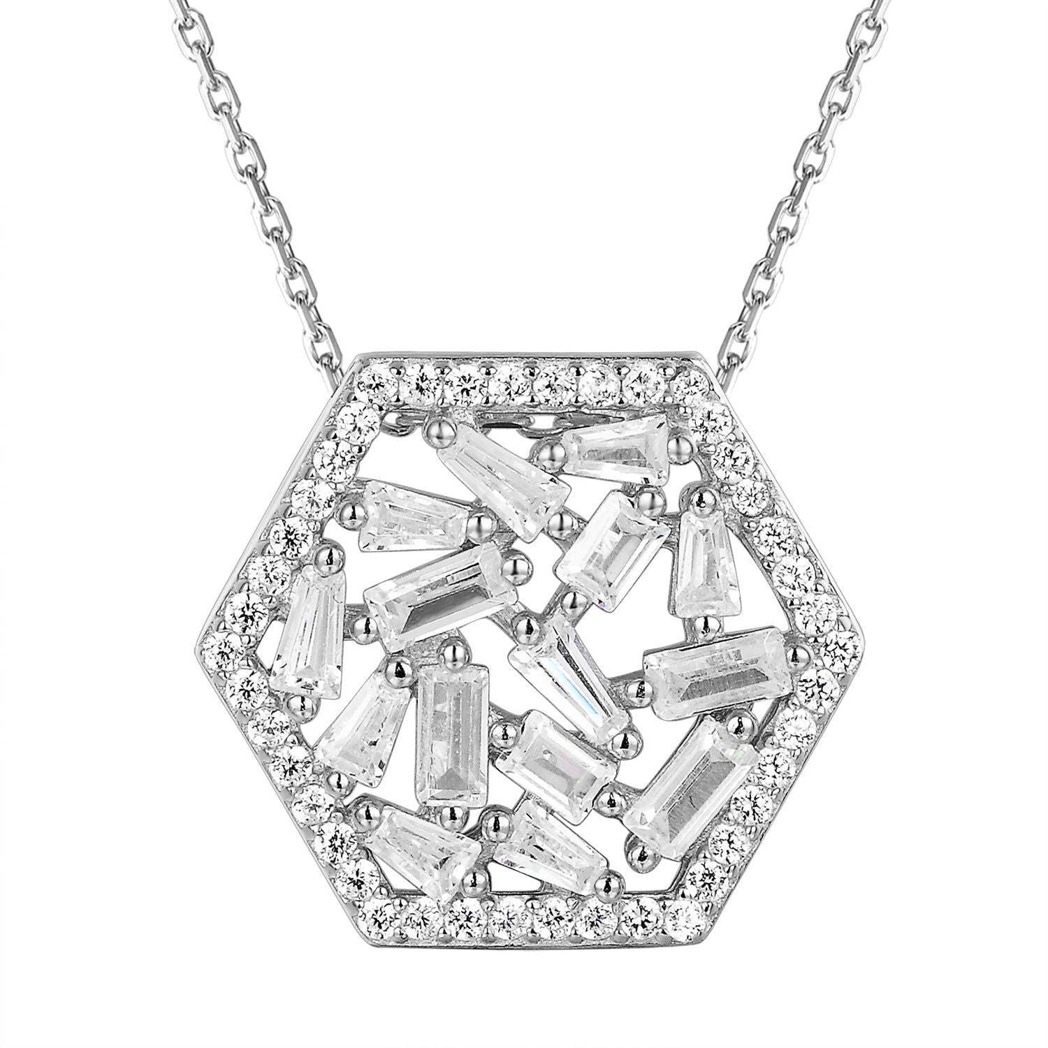 Hexagon Solitaire Baguette Silver Pendant Necklace Set - Elegant Minimalist Jewelry for Women, Perfect for Weddings, Anniversaries & Everyday Wear