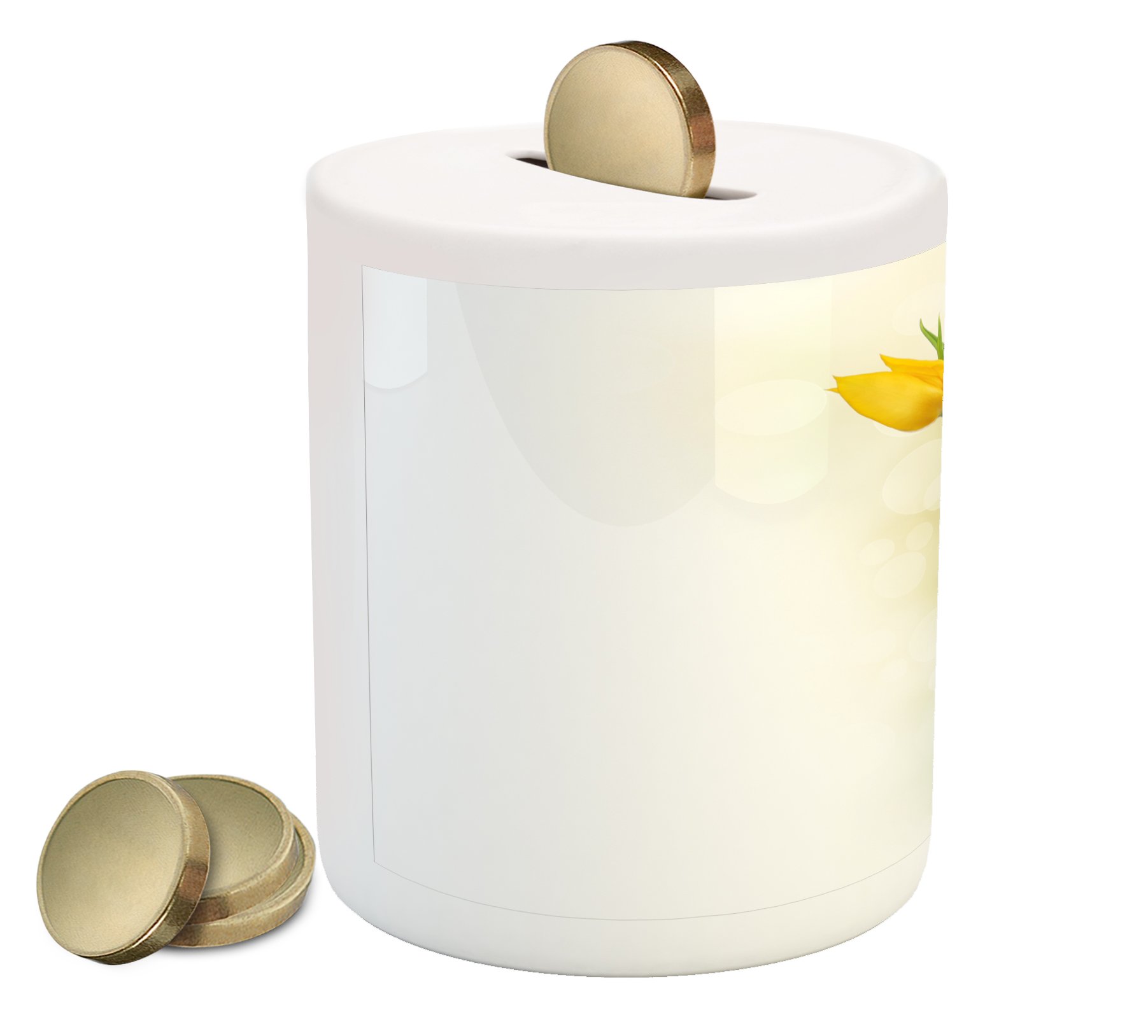 Ambesonne Yellow Flower Piggy Bank | Romantic Tulip Bouquet Ceramic Coin Bank | Netherlands Botanical Theme Money Box for Cash Savings | Perfect Gift for Kids, Collectors & Home Decor (Mustard, Fern Green)