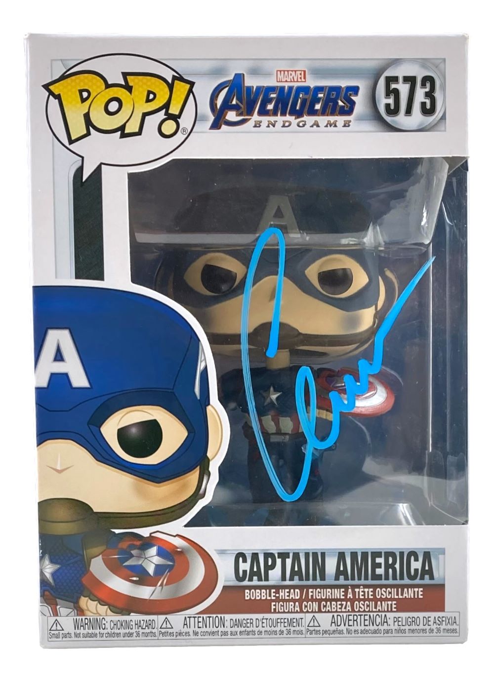 Chris Evans Signed Captain America Endgame Funko Pop #573 - Blue BAS Hologram - Perfect for Marvel Collectors & Movie Memorabilia Displays