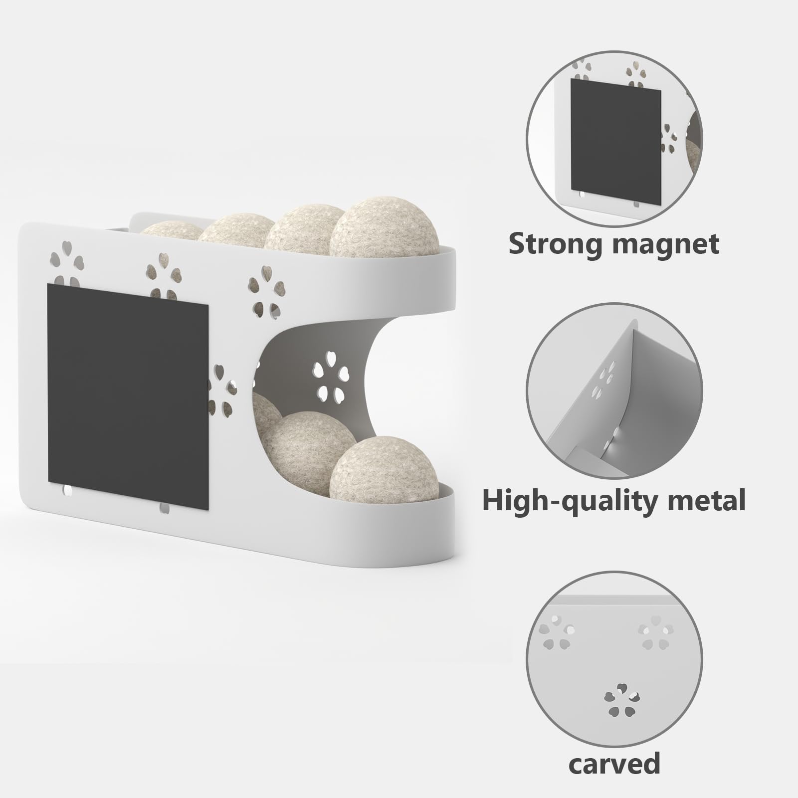 Magnetic Dryer Ball Holder for Laundry Room - Automatic Dryer Ball Roller Chute Container & Organizer - White Dryer Ball Storage Basket (No Balls Included) - Perfect for Organizing Laundry Room & Keeping Dryer Balls Handy
