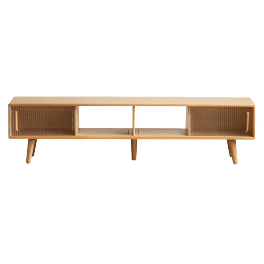 Solid Oak Wood TV Stand with Glass Sliding Doors - Rustic Rubber Wood Entertainment Center for Living Room, Bedroom & Home Theater