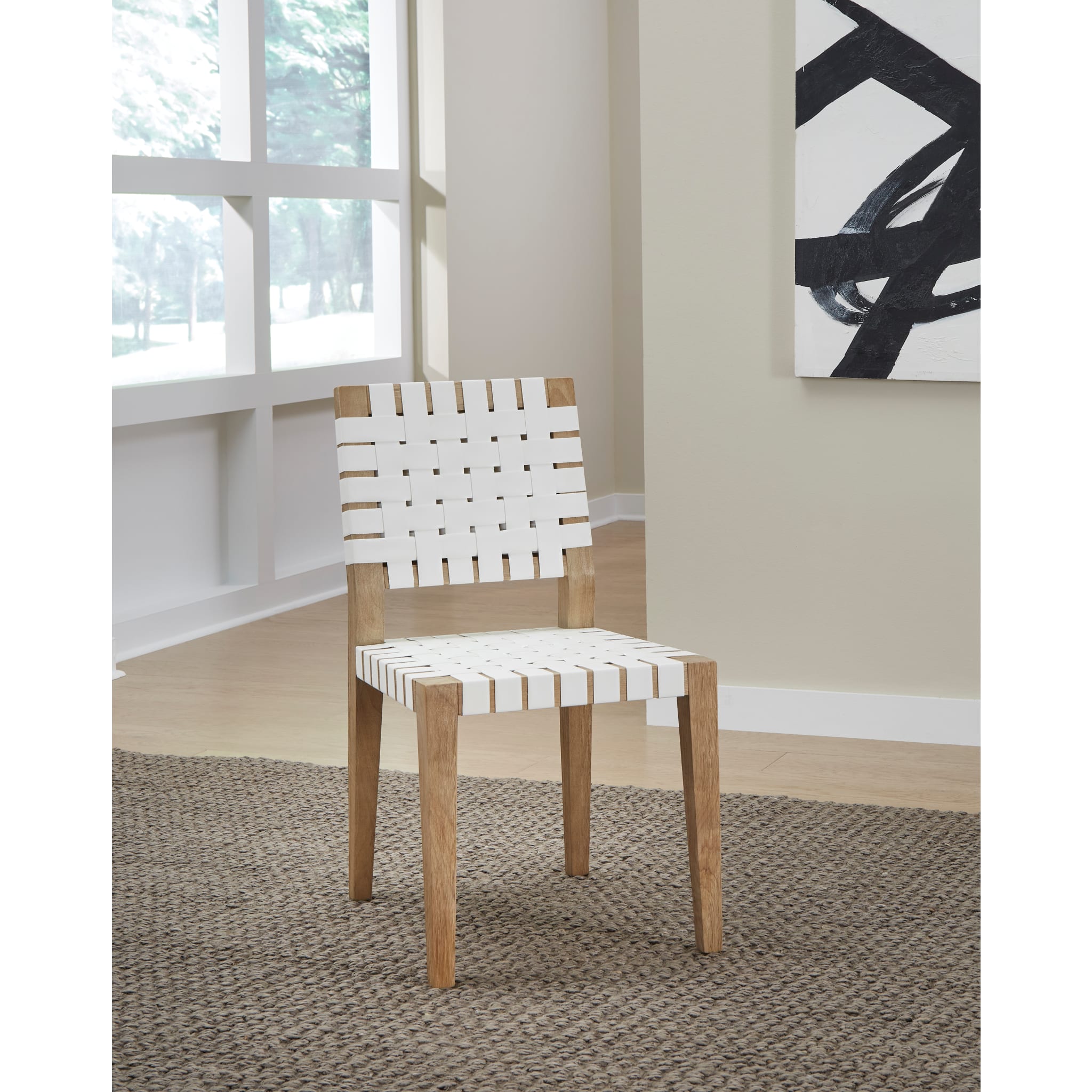 Handcrafted Woven Leather & Solid Wood Dining Side Chair - White & Bisque - Perfect for Kitchen, Dining Room & Home Decor