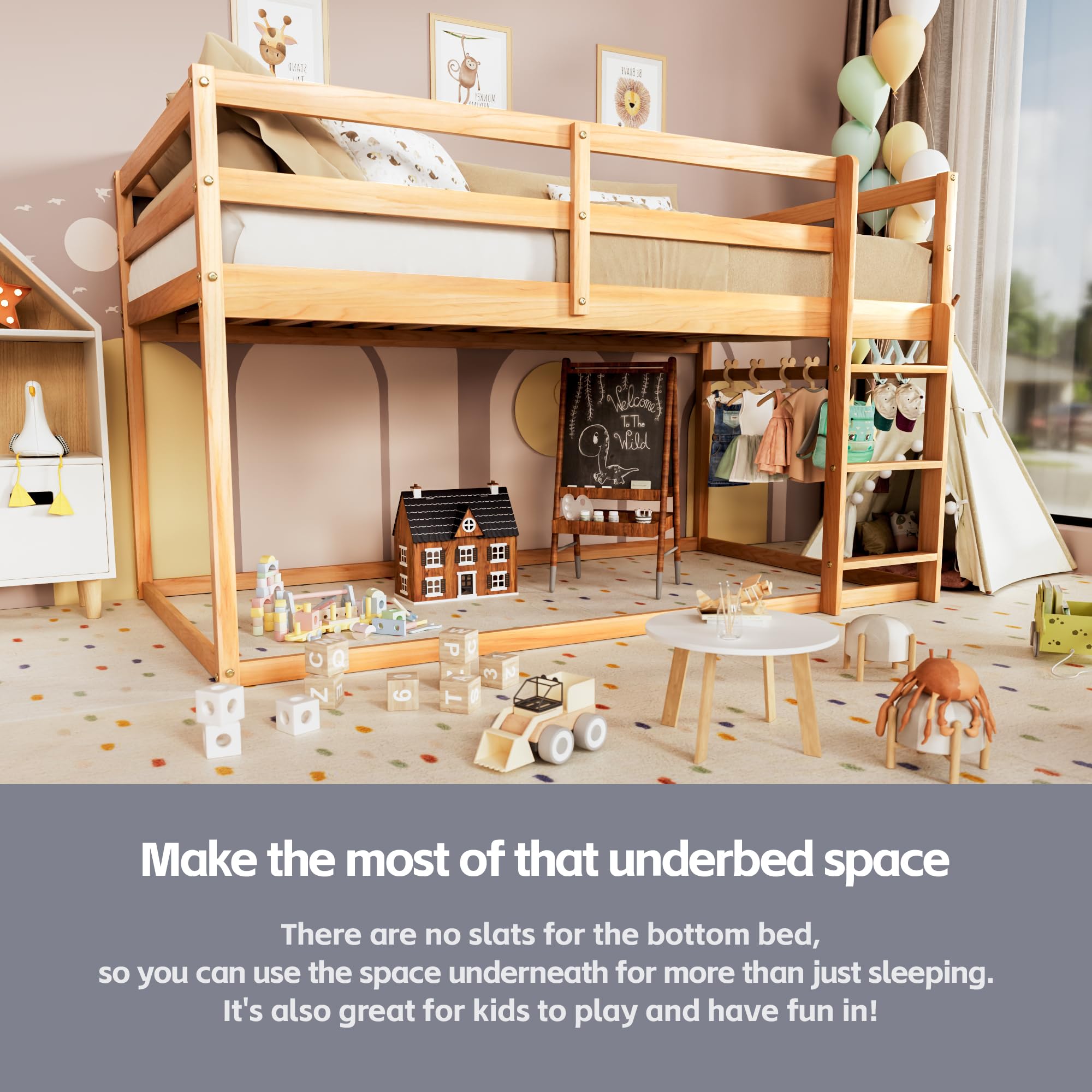 Low Twin Over Twin Bunk Bed with Ladder & Full Guardrails - Solid Wood Junior Bunk Bed for Boys, Girls & Kids - Space-Saving Bedroom Furniture for Small Rooms, Shared Kids' Rooms & Sleepovers (Natural Finish)