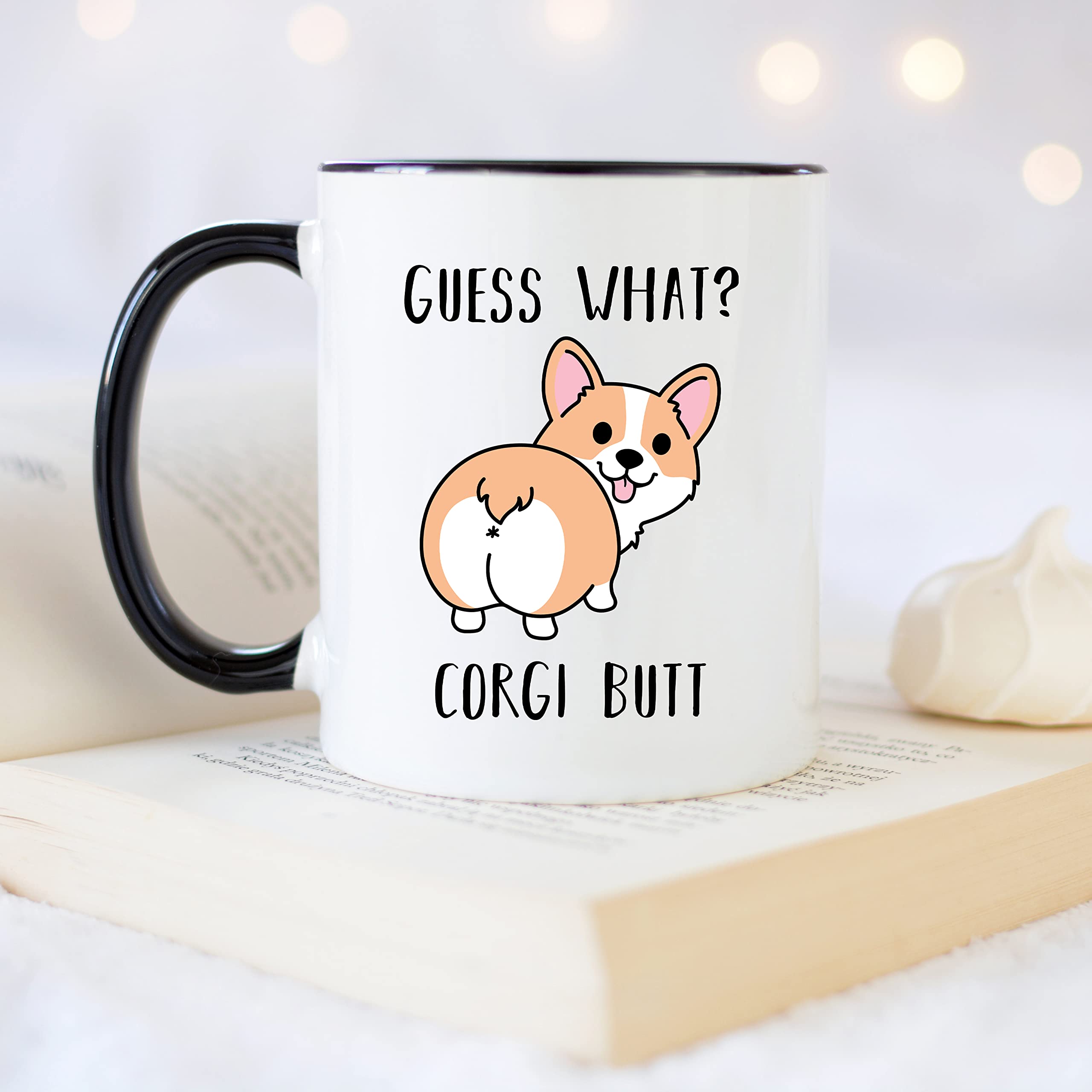 YouNique Designs Guess What Corgi Butt Mug - 11oz White Ceramic Coffee Cup with Black Handle - Perfect Corgi Lover Gift for Women - Funny Dog Gifts for Birthday, Christmas & Office Use