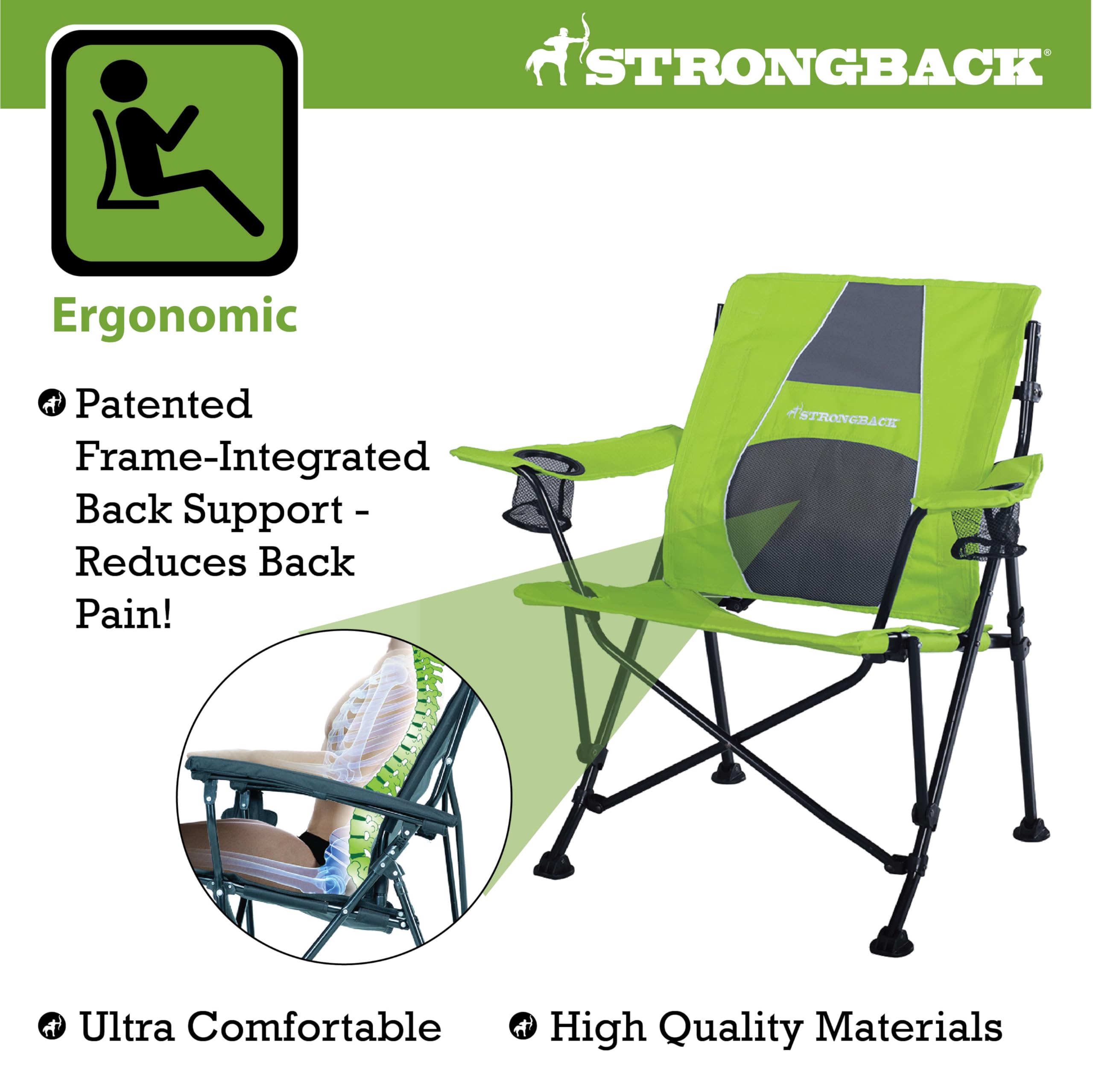 STRONGBACK Heavy Duty Camping Chair with Lumbar Support - Portable Folding Backpack Chair for Outdoor Adventures - Perfect for Hiking, Beach, Picnics & Backyard Relaxation - Lime Green