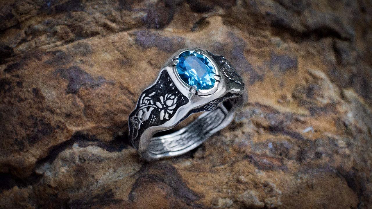 Swiss Blue Topaz 'Mudra' Ring - Buddha Hand Design - November Birthstone Jewelry - Zen Meditation Ring - Buddhist Lotus Flower Jewelry - Spiritual Gift for Women - Perfect for Yoga, Meditation & Special Occasions