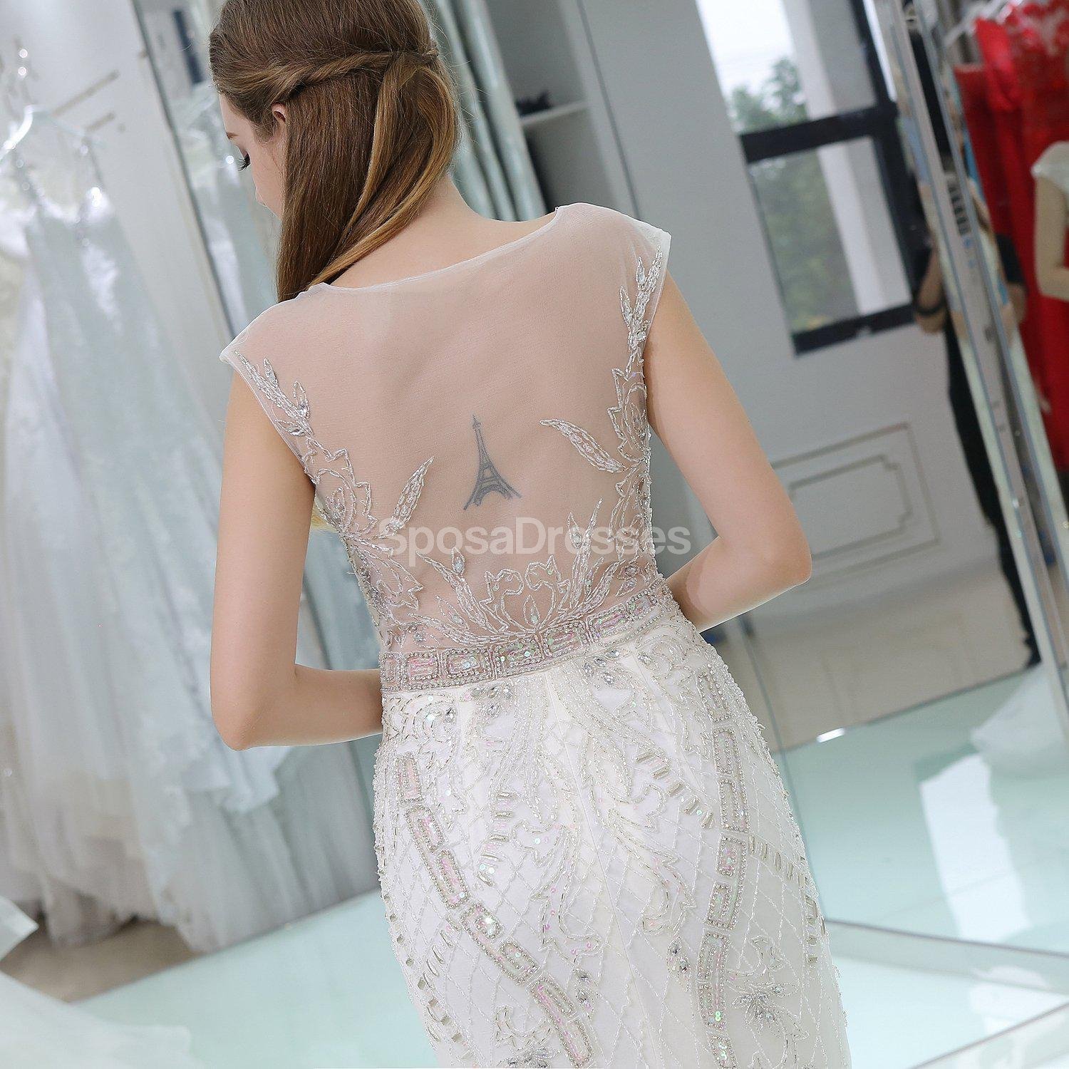 Sparkling Cap Sleeve Rhinestone Mermaid Wedding Dress - Elegant A-Line Bridal Gown for Beach/Church Ceremony (WD583) | Perfect for Romantic Outdoor Weddings & Formal Receptions