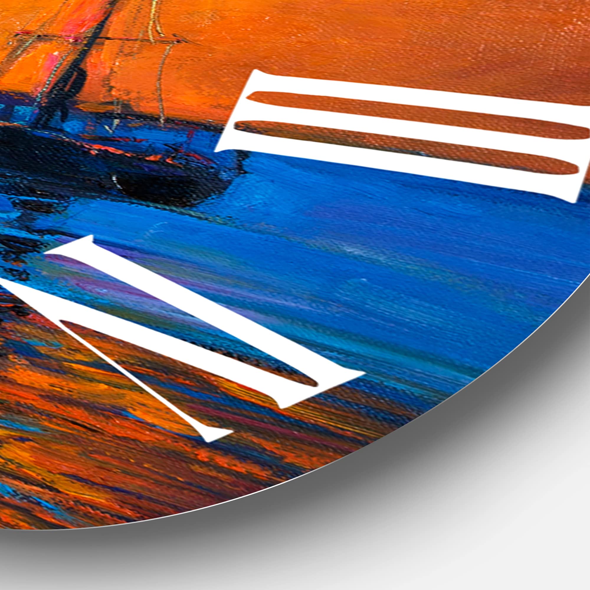 DesignQ Nautical Coastal Wall Clock - Orange Round Boat Sunset Lake Scene Clock for Home, Office & Cabin Decor | Perfect for Beach House, Living Room & Bedroom