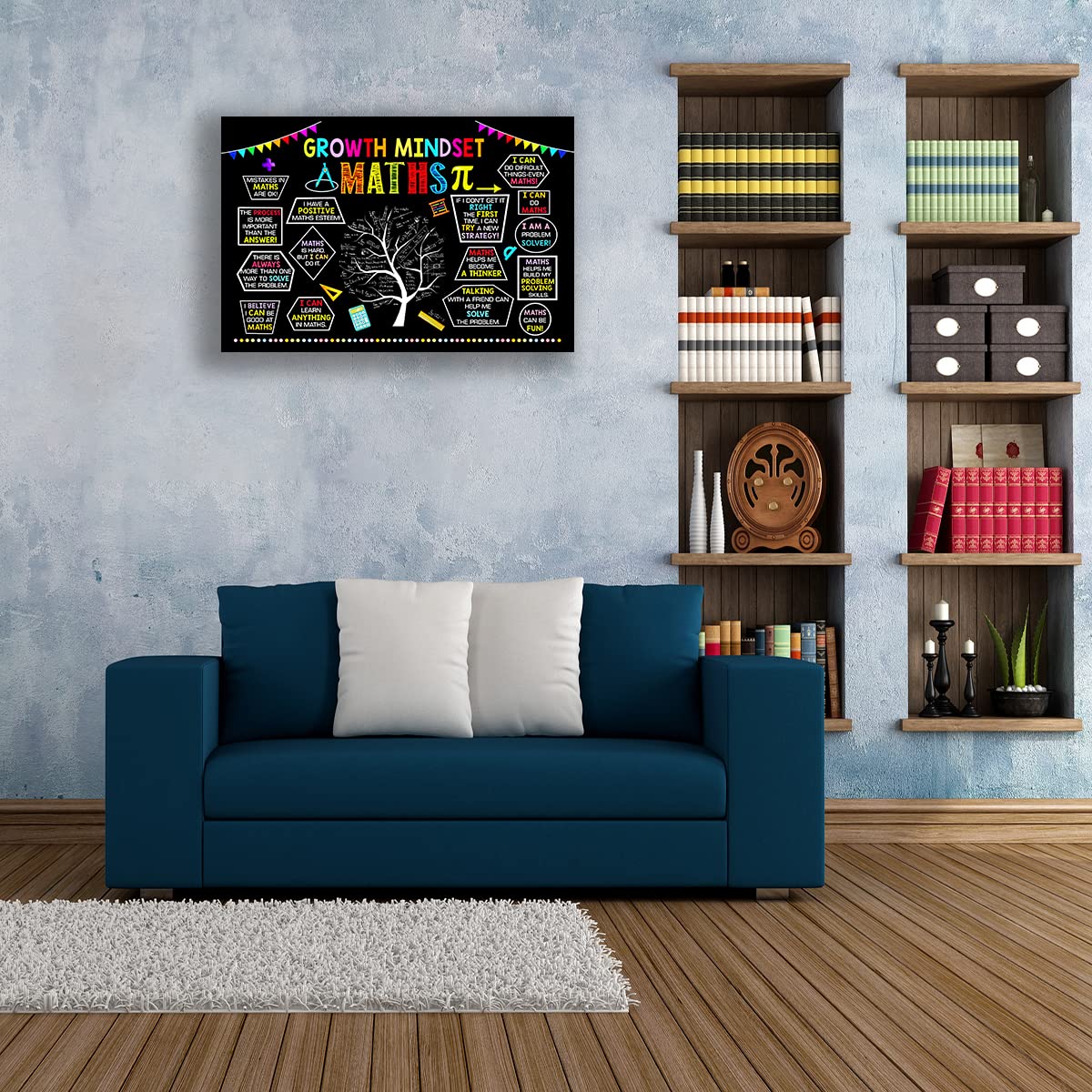 Growth Mindset Posters - Framed Math Quotes & Motivational Wall Art for Classroom Decor - Black Abstract Canvas Picture (16x24 inch) - Perfect for Teachers, Students & Office Inspiration