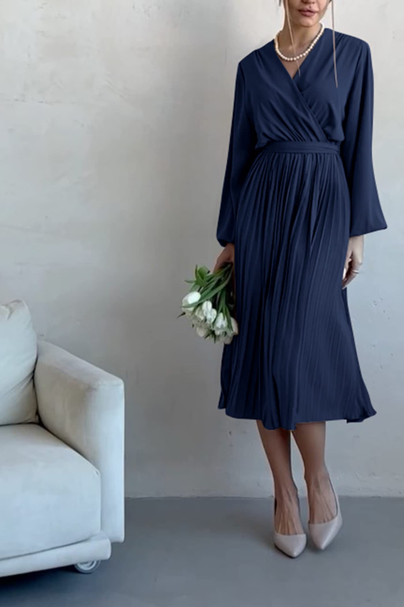 PRETTYGARDEN Women's Flowy Wrap Dress with Puff Sleeves - V-Neck Midi Dress with Ruffle & Pleated Details for Spring/Summer/Fall - Perfect for Casual Outings, Date Nights & Office Wear