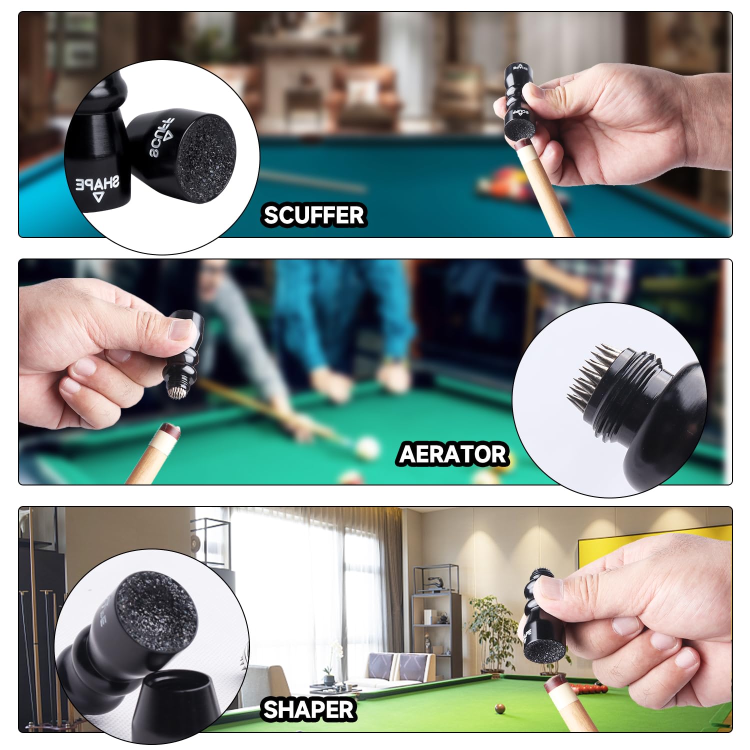 GSE Games & Sports Expert Billiard Pool Cue Tip Tool - Professional Scuffer, Shaper, Aerator & Joint Protector for Pool Cue Maintenance | Perfect for Home Game Rooms & Professional Billiard Accessories
