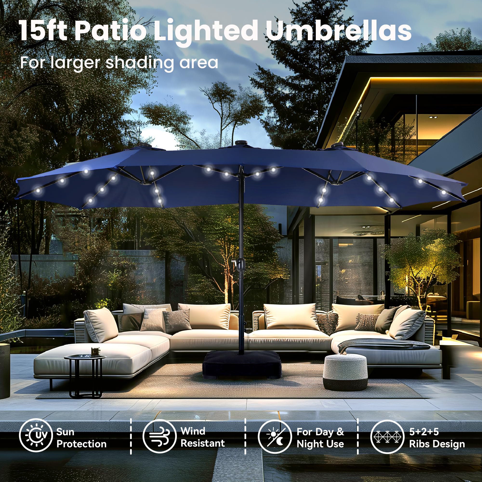 PHI VILLA 15ft Large Outdoor Patio Umbrella with Solar LED Lights - Double-Sided Rectangle Market Umbrella for Deck, Poolside & Backyard - Includes Heavy Duty Base Stand (Navy Blue) - Perfect for Outdoor Dining, Lounging & Entertaining