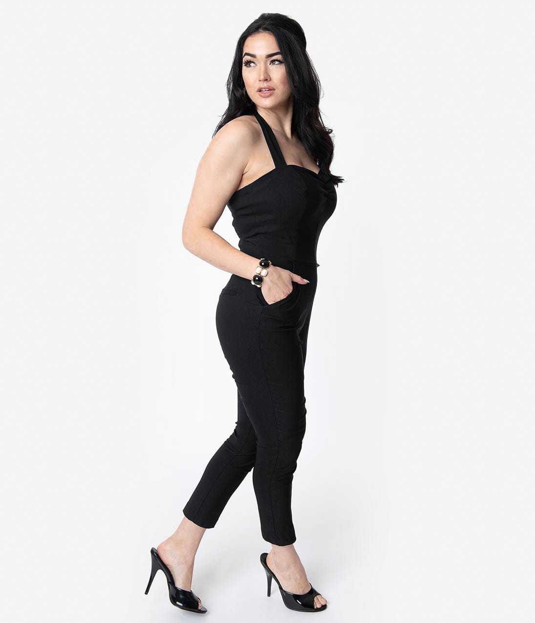 Vintage 1950s Black Halter Marcel Jumpsuit - Retro Pin-Up Style One-Piece Outfit for Women | Perfect for Parties, Cosplay & Vintage Fashion Lovers