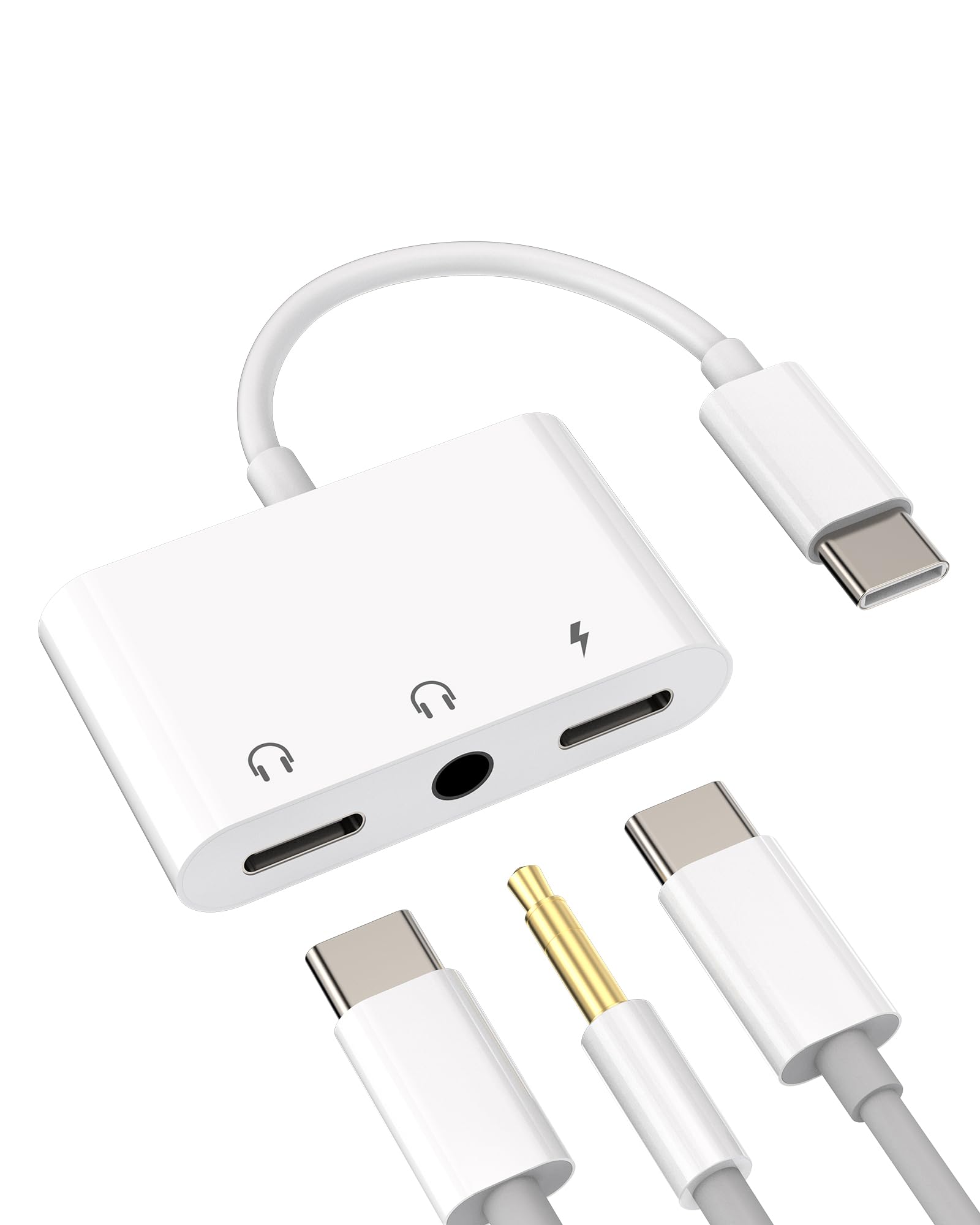 USB C to 3.5mm Audio Adapter with Dual Charging Ports - 3-in-1 Type C Headphone Jack Dongle for iPhone 15 Pro Max/Plus, iPad Pro/Air/Mini, Samsung & MacBook Pro - Car Stereo AUX Splitter & Fast Charging Cable - Perfect for Travel, Commuting & Home Office Use