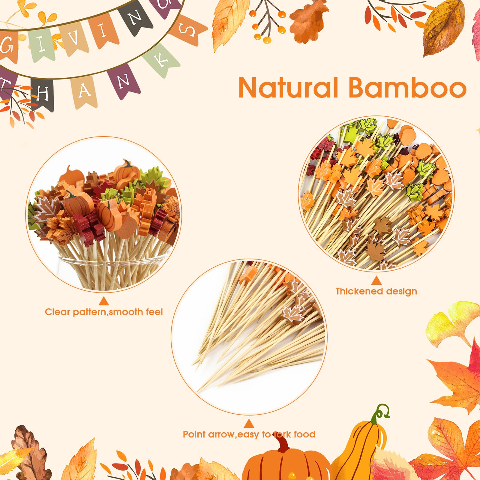 100PCS Fall Cocktail Picks 4.7 Inch - Decorative Bamboo Toothpicks with Autumn Leaves, Pumpkins & Acorns Designs for Thanksgiving Party, Appetizers, Fruit Skewers & Drink Decorations - Perfect for Seasonal Gatherings, Holiday Tablescapes and DIY Crafts
