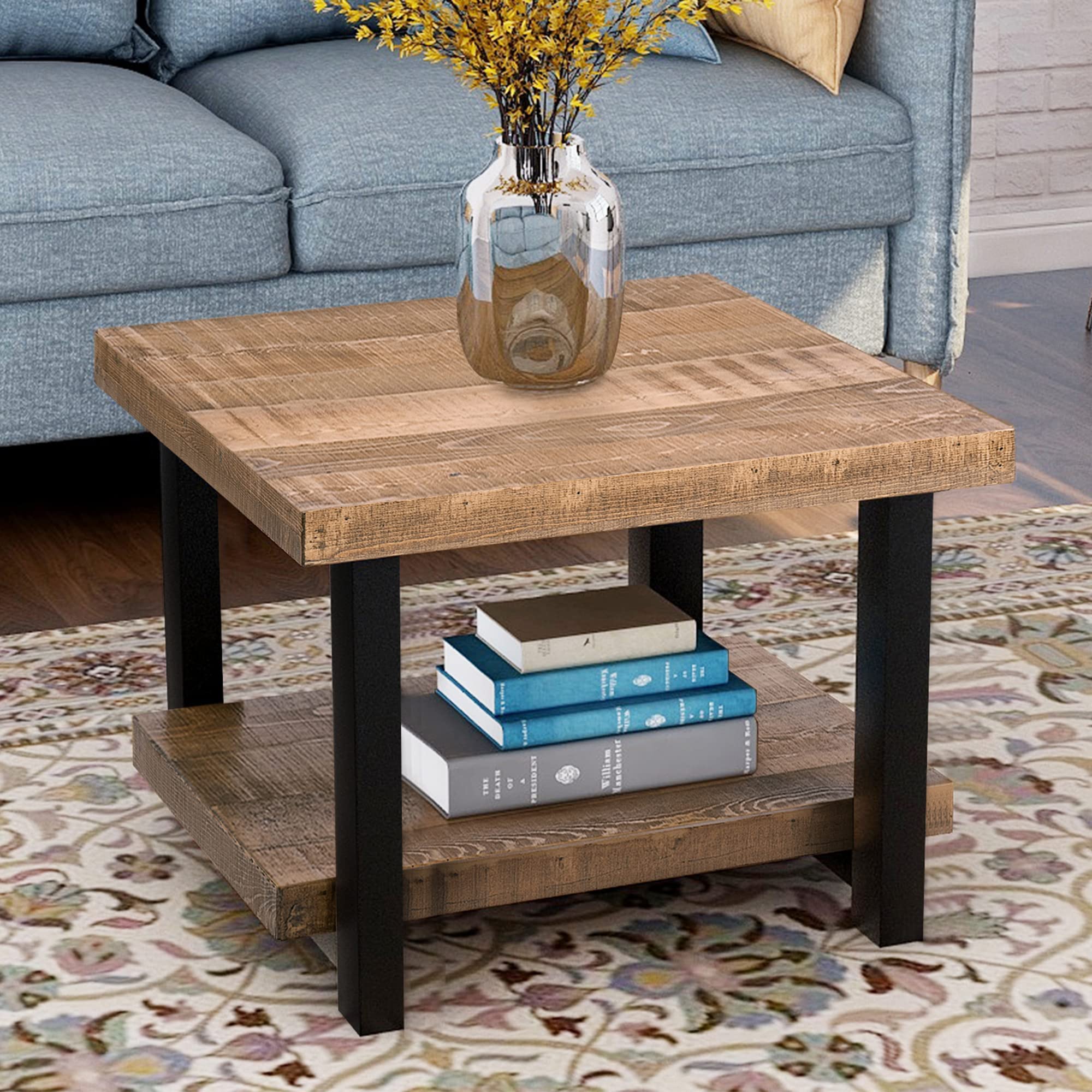 Rustic Solid Wood Coffee Table with Storage Shelf - Industrial Style Center Table for Living Room, 22 Inch - Perfect for Small Spaces, Apartments & Modern Home Decor