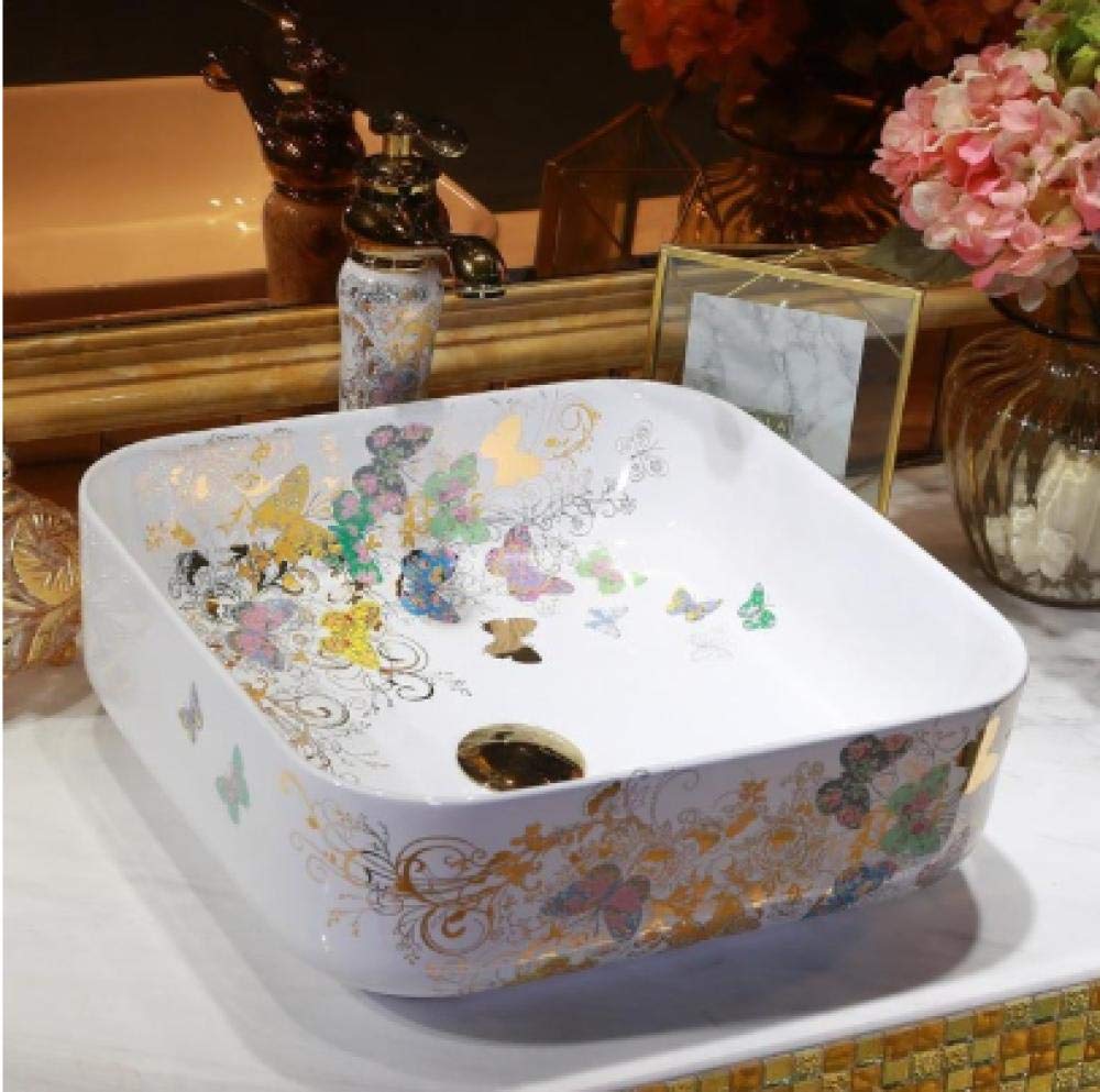 SHAWLA Handmade Ceramic Vessel Sink - Butterfly & Flower Design Bathroom Countertop Basin - Small Wash Sink for Modern Powder Rooms & Guest Bathrooms