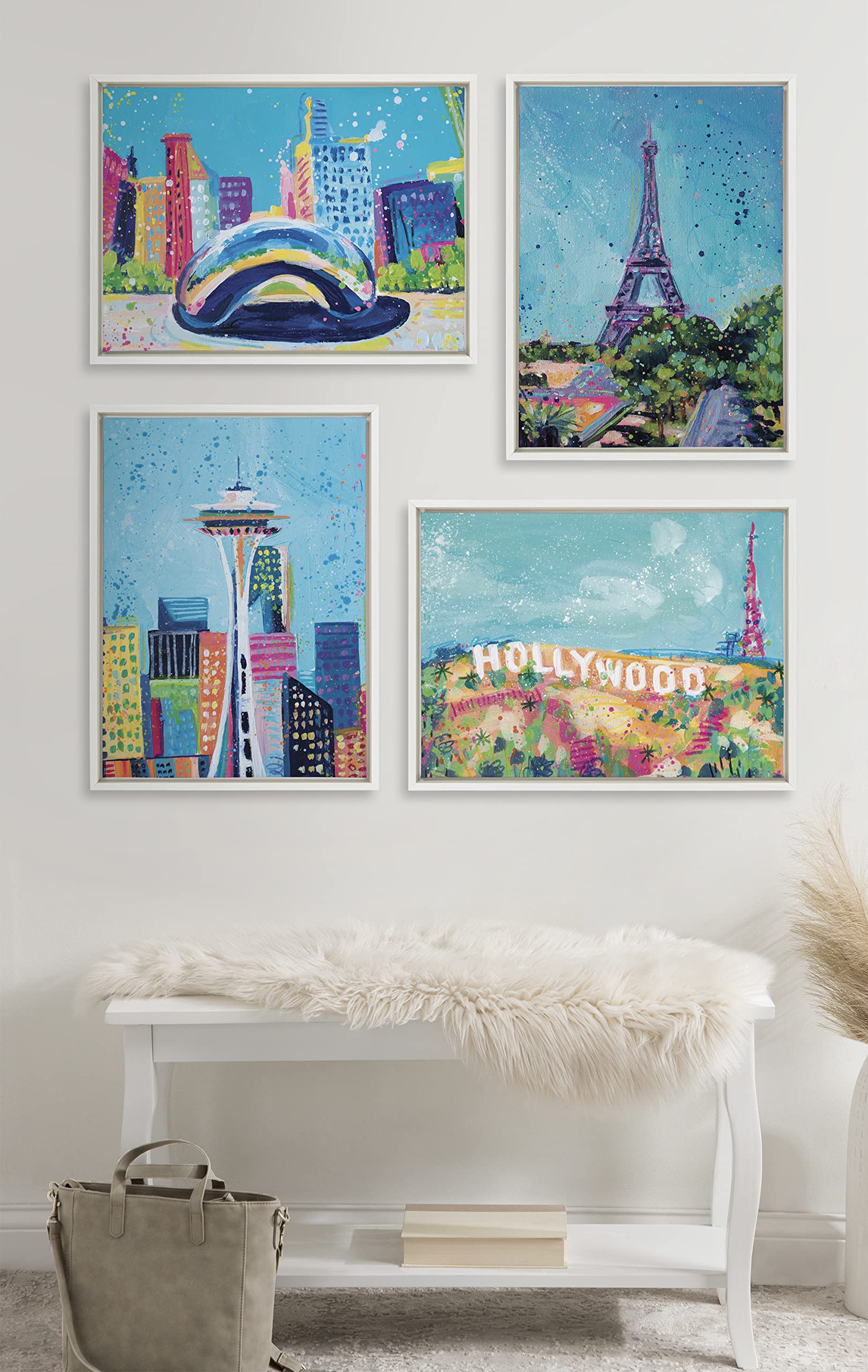 Rachel Christopoulos Framed Canvas Wall Art - Chicago Bean Study No.2 Abstract Landscape Painting, 18x24 Inch White Modern Home Decor | Perfect for Living Room, Bedroom & Office Decor