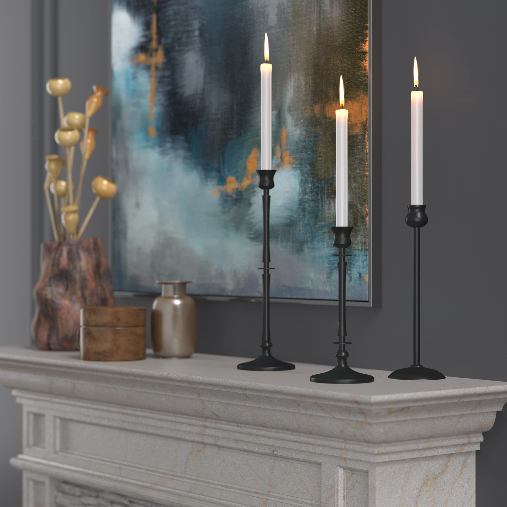 Matte Black Metal Taper Candle Holders Set of 3 for Home Decor
