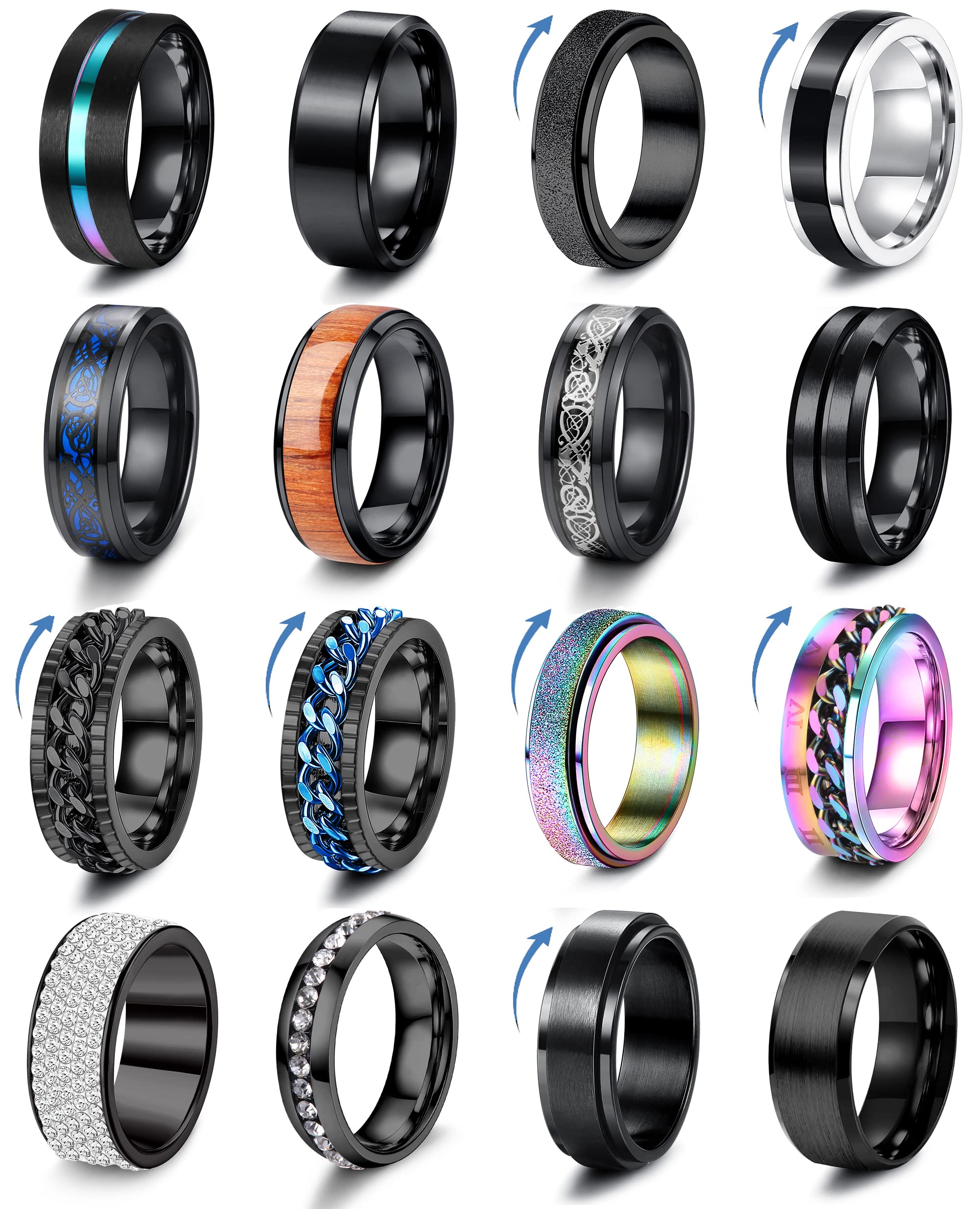 Besteel 16Pcs Stainless Steel Spinner Rings for Men & Women - Anxiety Relief Fidget Rings with Beveled Edges, Celtic Black Band Wedding Promise Rings Set - Perfect for Stress Relief, Gift Giving and Everyday Wear