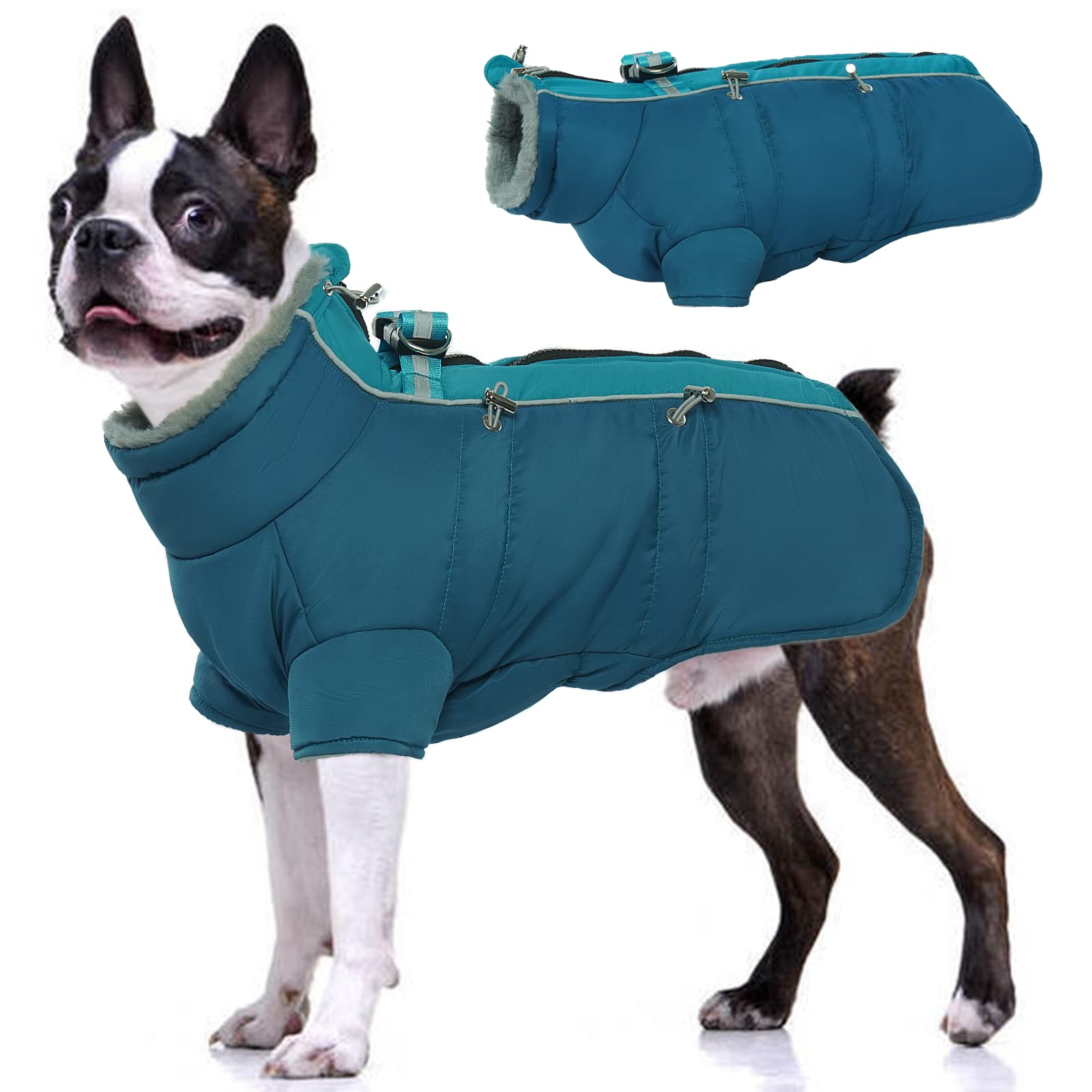 IDOMIK Waterproof Fleece-Lined Dog Coat with Harness - Warm Winter Snowsuit for Small, Medium & Large Dogs - High Collar Cold Weather Jacket in Turquoise XS - Perfect for Snowy Walks & Outdoor Adventures