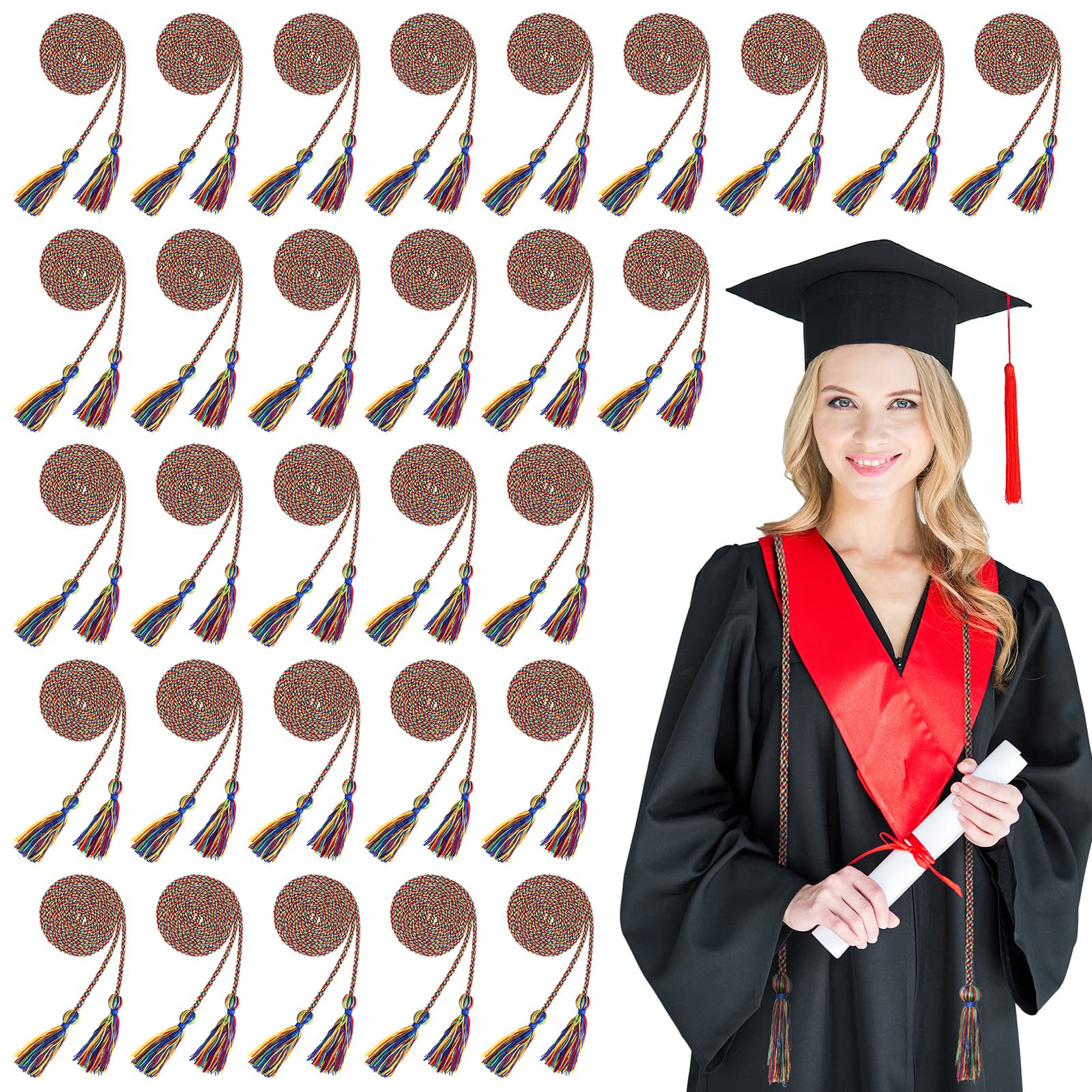 Woanger 30-Pack 67 Inch Rainbow Graduation Cords - Braided Honor Cords with Tassels for College Graduation (Bachelor, Master, Doctor) - Perfect for Commencement Ceremonies & Academic Decorations